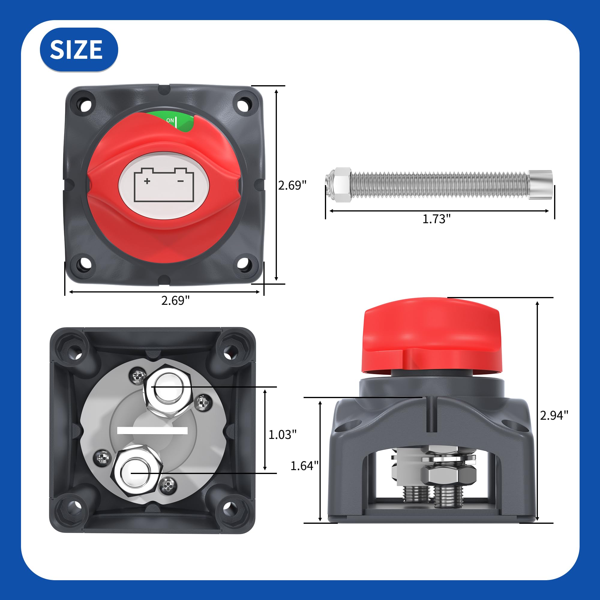 Joinfworld 12V-48V Waterproof Battery Disconnect Switch - Copper Master Cut Off for Car, Boat, RV, ATV, UTV - Model ASW-A701