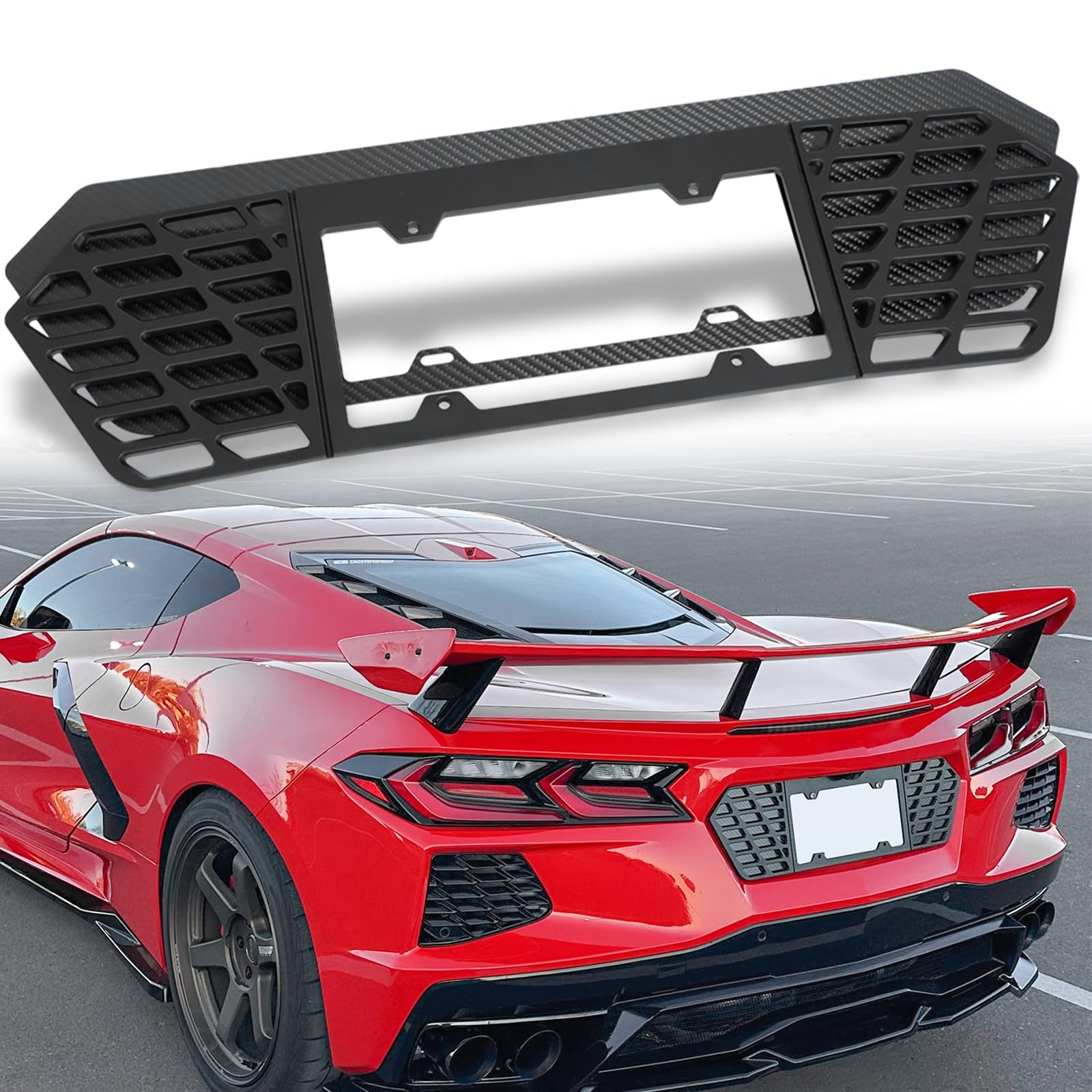 Etesan Rear License Plate Frame fit for C8 Corvette Stingray Z51 2020 2021 2022 2023 2024 2025 Glossy Aluminum and Black Carbon 