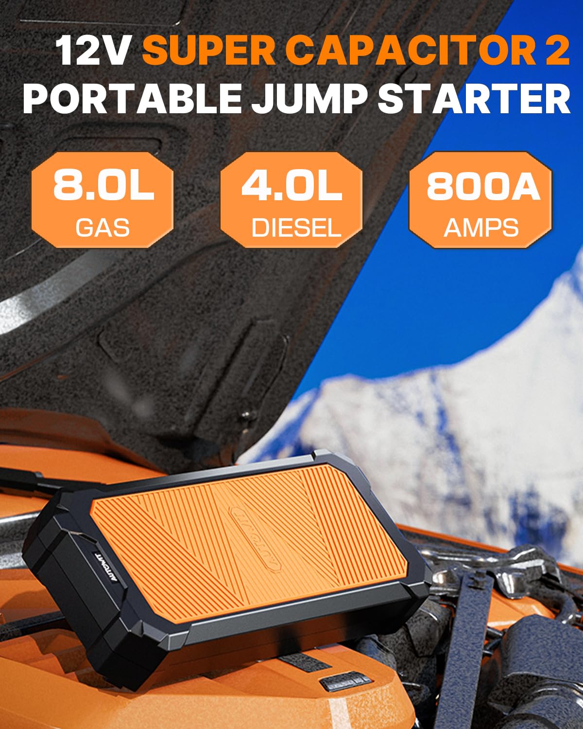 Autowit SuperCap 2 Portable Car Jump Starter - Battery-Less, 12V, Up to 7.0L Gas & 4.0L Diesel, Orange, with Carrying