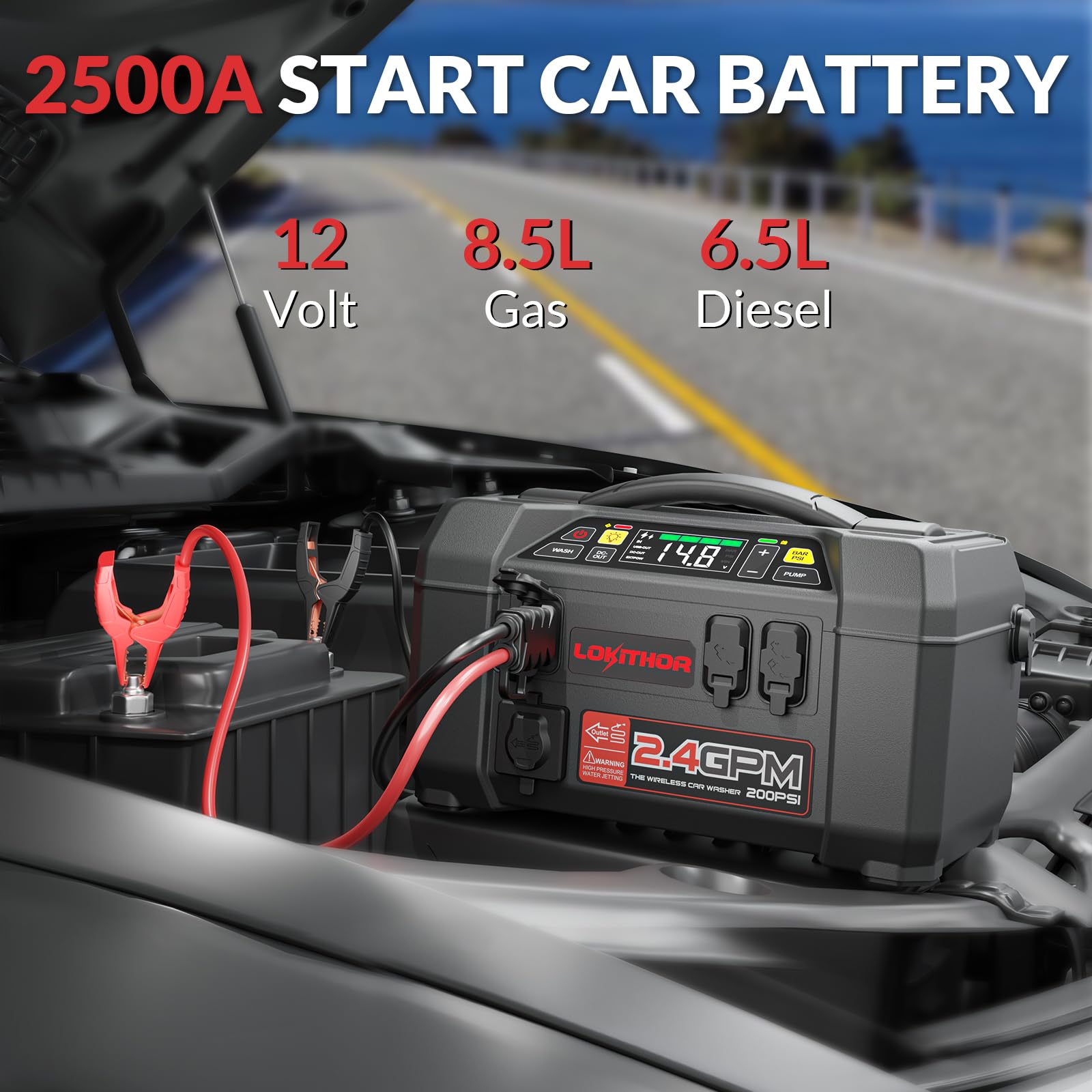 LOKITHOR AW401 Jump Starter 2500A, 150PSI Tire Inflator, Outdoor Shower, Gray