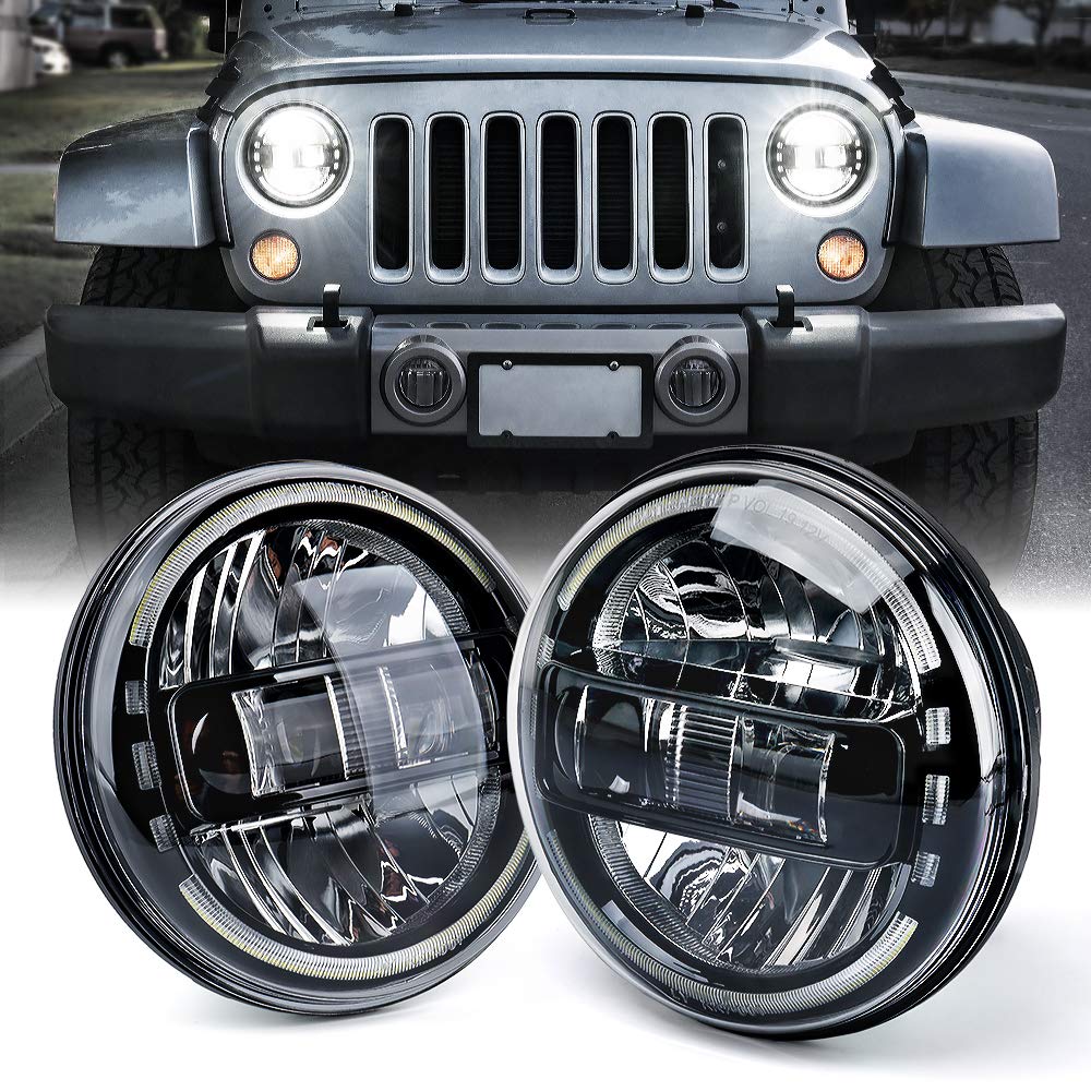 Xprite 7'' Led Round Headlights Compatible With 1997-2018 Jeep Wrangler Jk Jku Lj Cj Tj Hummer H1 H2, Halo Ring Headlamps Dot Ap