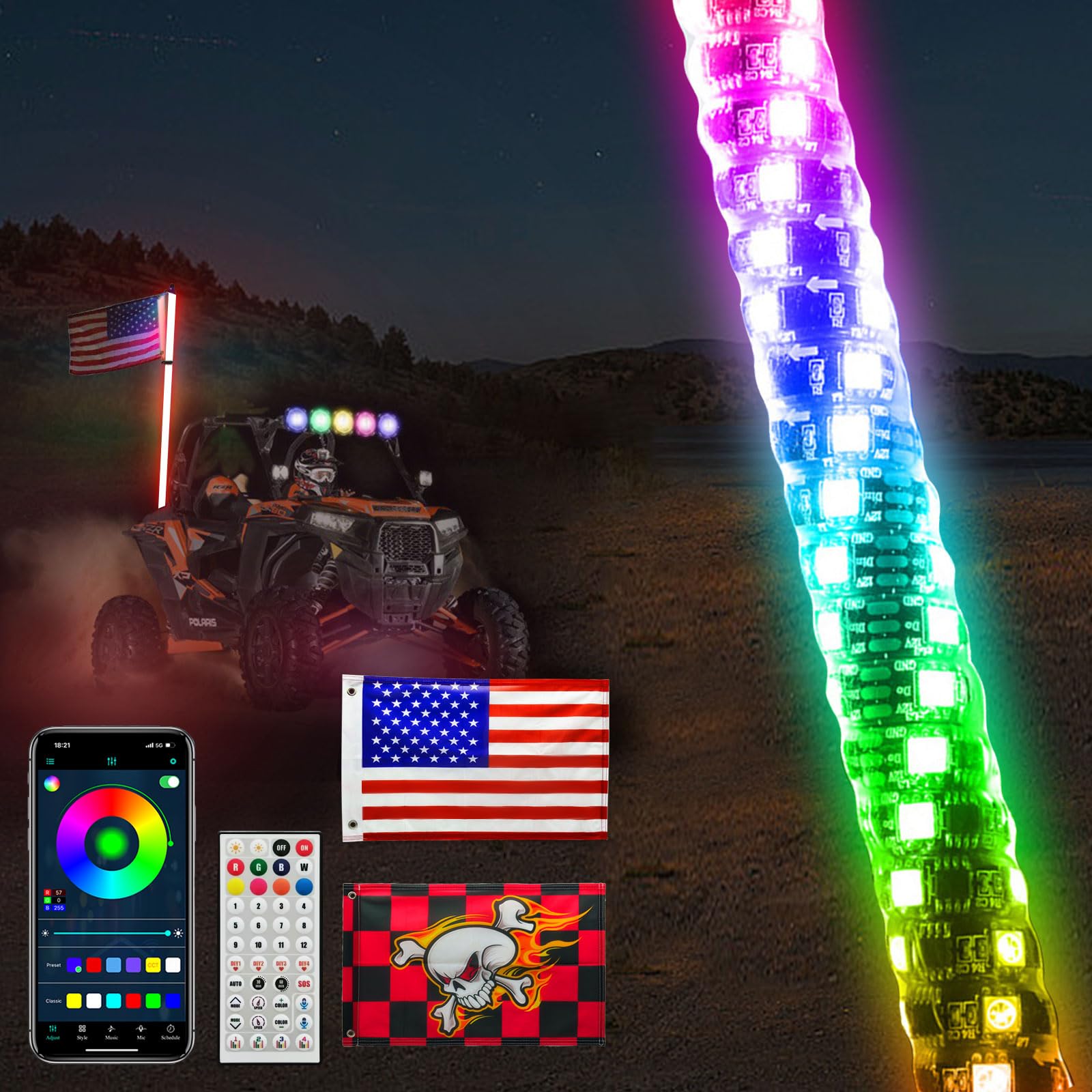 WEKILAM 2FT Whip Lights with Spring, LED Whip Light with App & Remote Control, Spiral RGB Chasing Lighted Antenna Whips, Music W