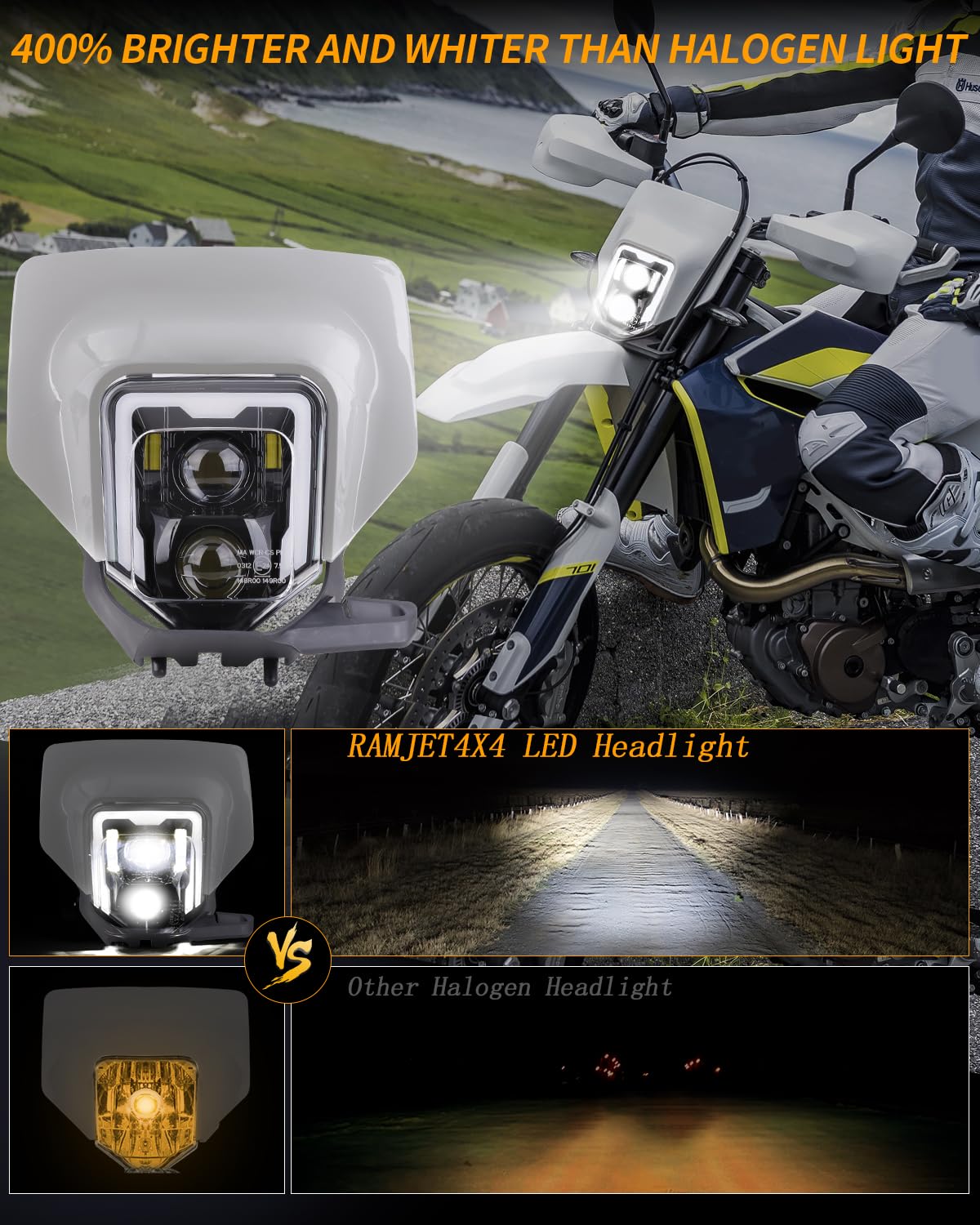Ramjet4X4 Led Dirt Bike Headlight Motocross Headlamp W/Bezel Fit For 2017-2023 Husqvarna Fe 250 350 450 501 701, Te150 250I 300I
