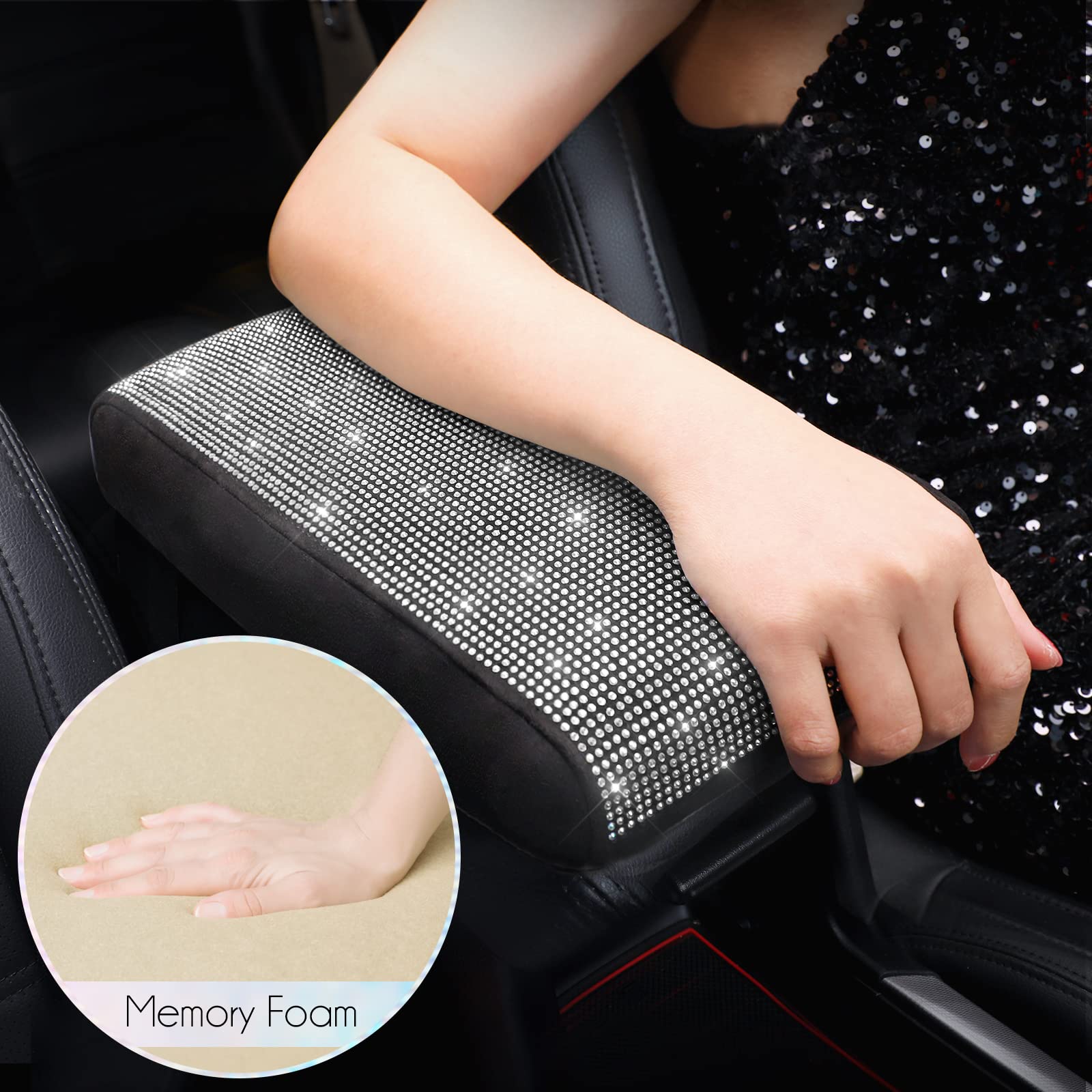 Seg Direct Diamond Auto Center Console Cover, Bling Car Armrest Cover, Memory Foam Armrest Cushion Pad With Crystal Rhinestones, Universal Seat Box Cover, White Diamond