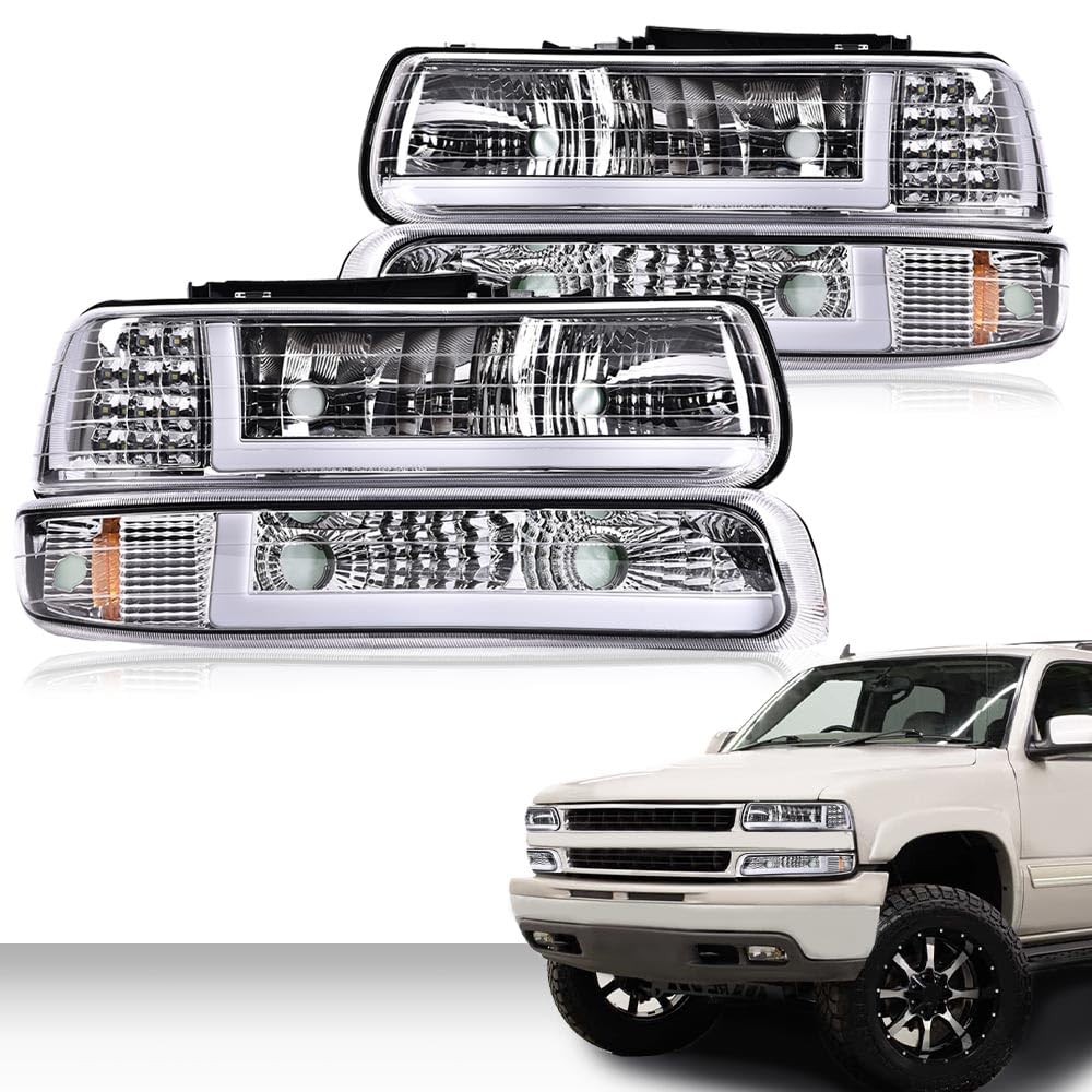 Cheda Led Drl Headlights Assembly Compatible With 1999-2002 Chevy Silverado/Fit 2000-2006 Suburban Tahoe Clear Lens Chrome Housi