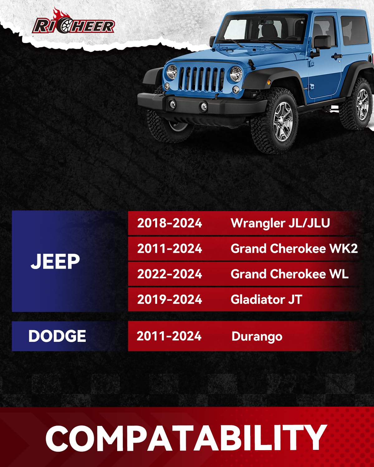 Richeer 1.5" 5x5 Wheel Spacers for Wrangler JL, Grand Cherokee WK2, Gladiator JT - Aluminum, Black, M14x1.5 Studs