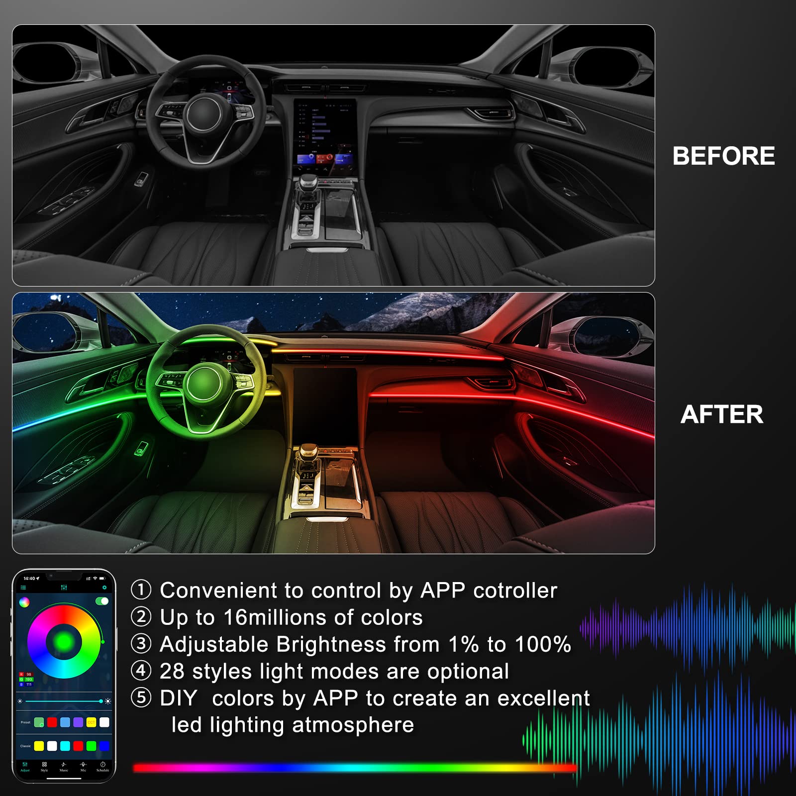 Acrylic Interior Car Led Strip Light With Wireless App, Rgb Dreamcolor 5 In 1 Ambient Lighting Kits, 16 Million Colors Sound Act