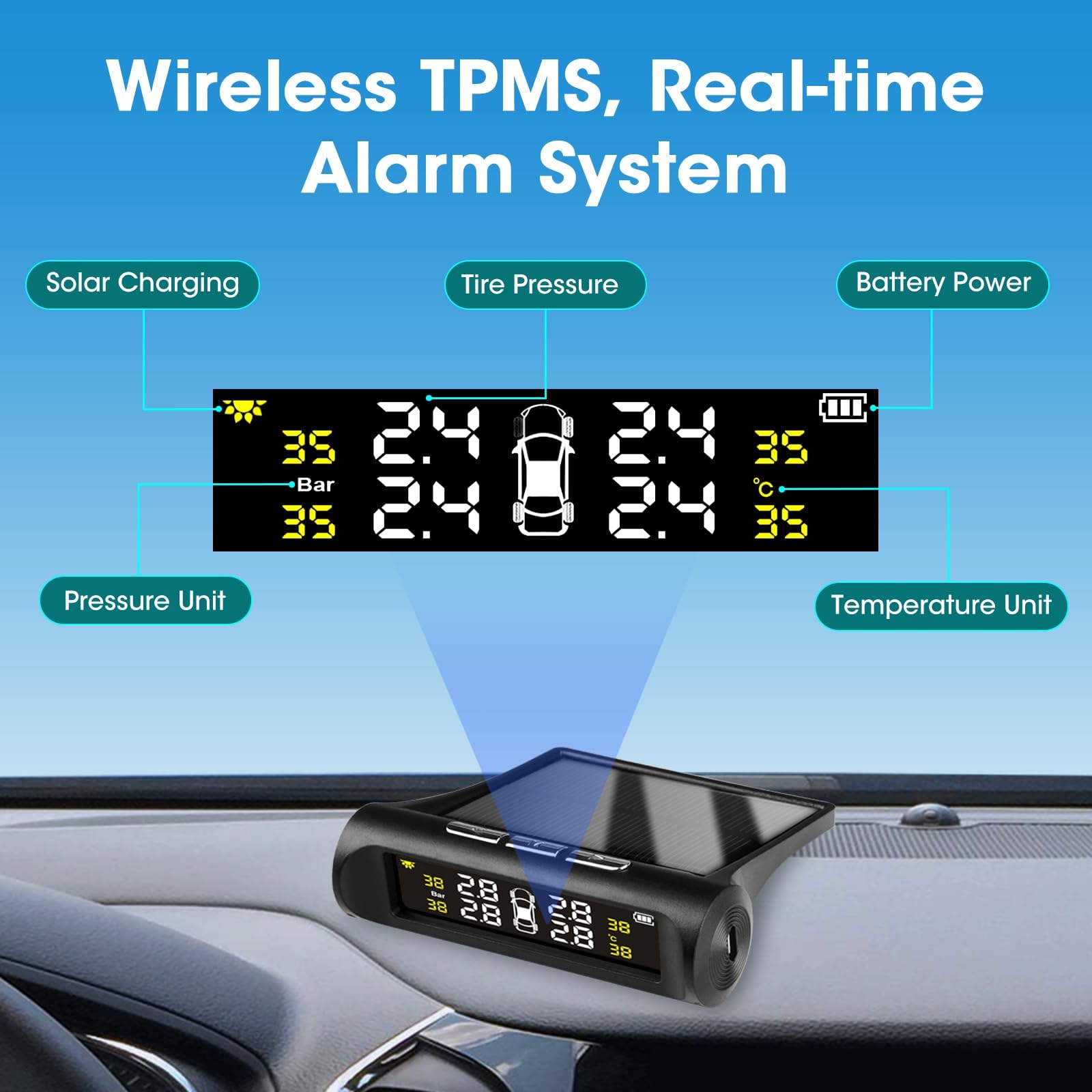 Tire Pressure Monitoring System, TPMS Tire Pressure Monitor System Solar Waterproof TPMS Sensors Set of 4 Wireless LCD Display T