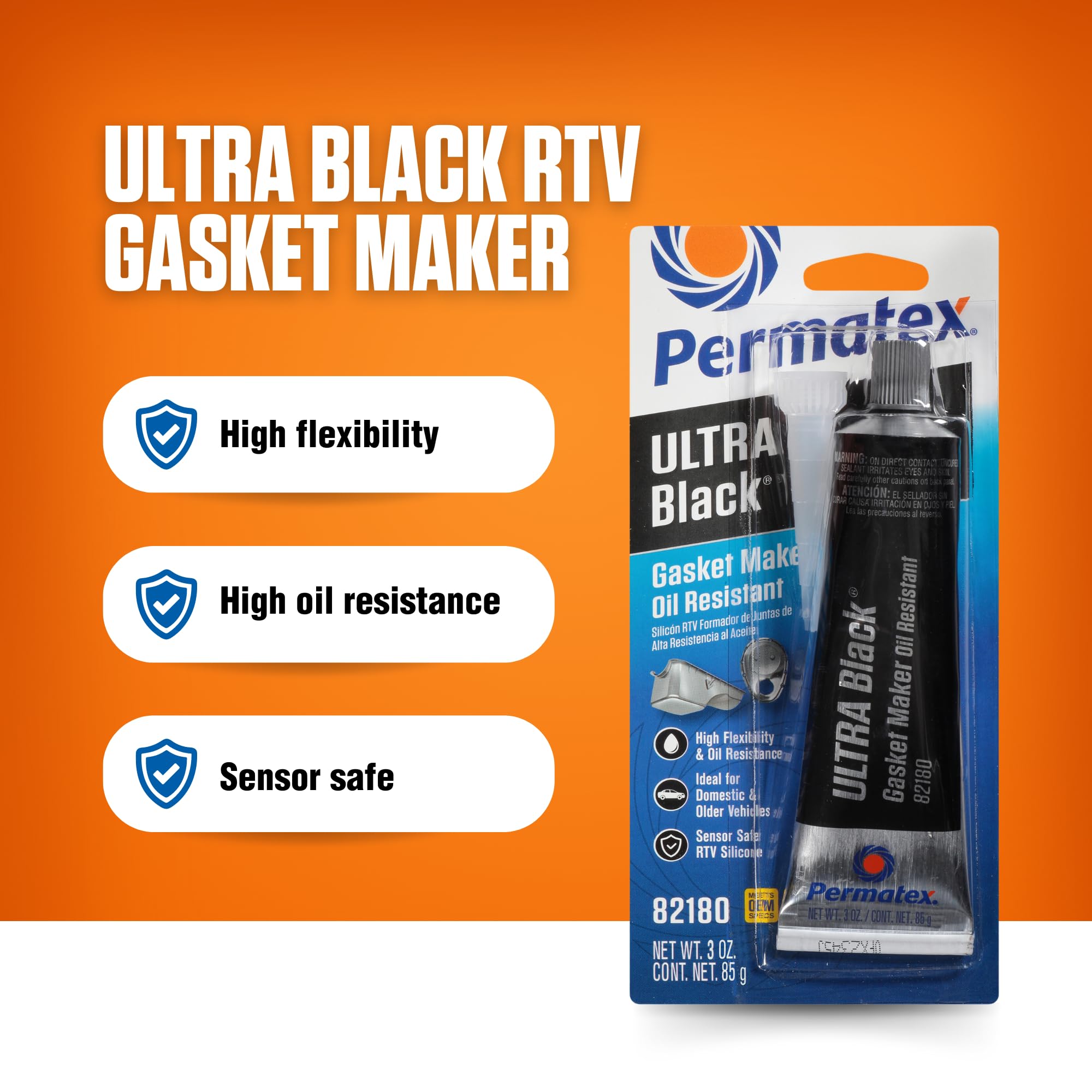 Permatex Ultra Black RTV Silicone Gasket Maker, 3 oz, Sensor Safe, Non-Corrosive, Maximum Oil Resistance, Model 82180