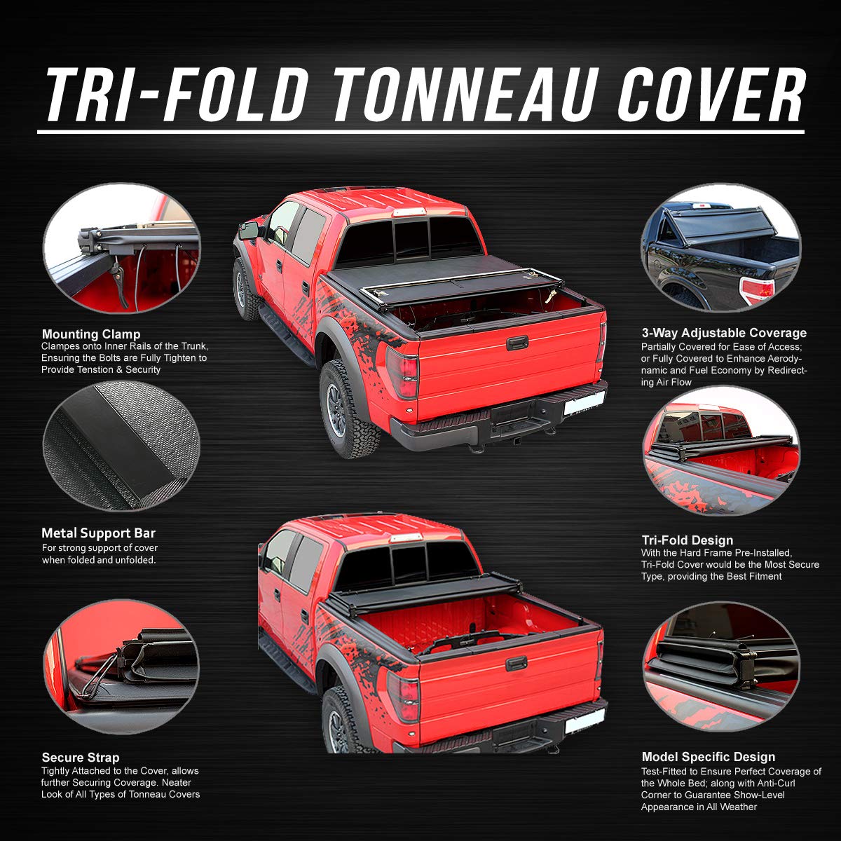 Dna Motoring Ttc-Trisoft-014 Pickup Truck Bed Soft Tri-Fold Adjustable Tonneau Cover Compatible With 15-20 Ford F150 6.5Ft Fleet