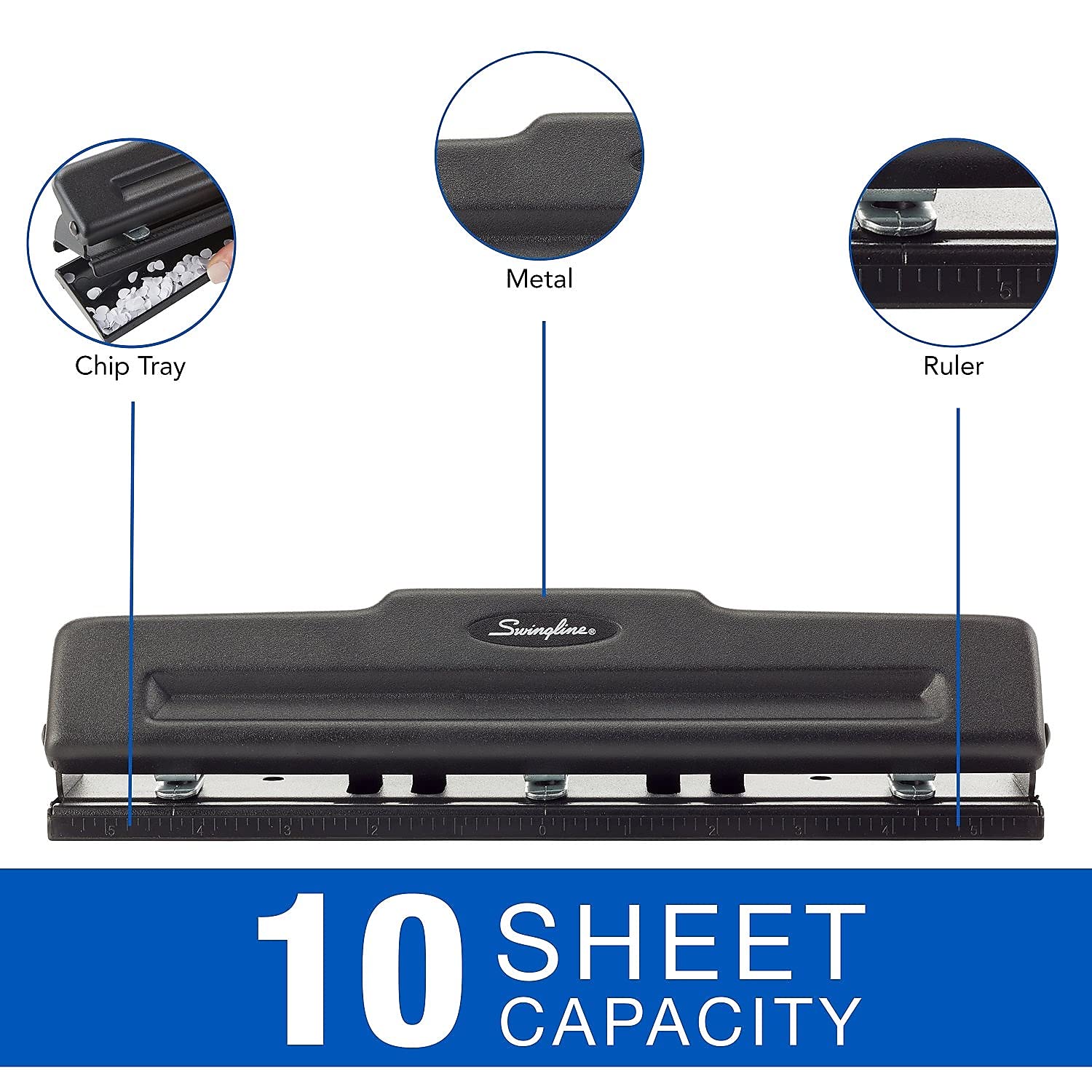 Swingline 10-Sheet Desktop Three-Hole Punch, Adjustable, Metal, Black, Model SWI74015, Small (1-24)