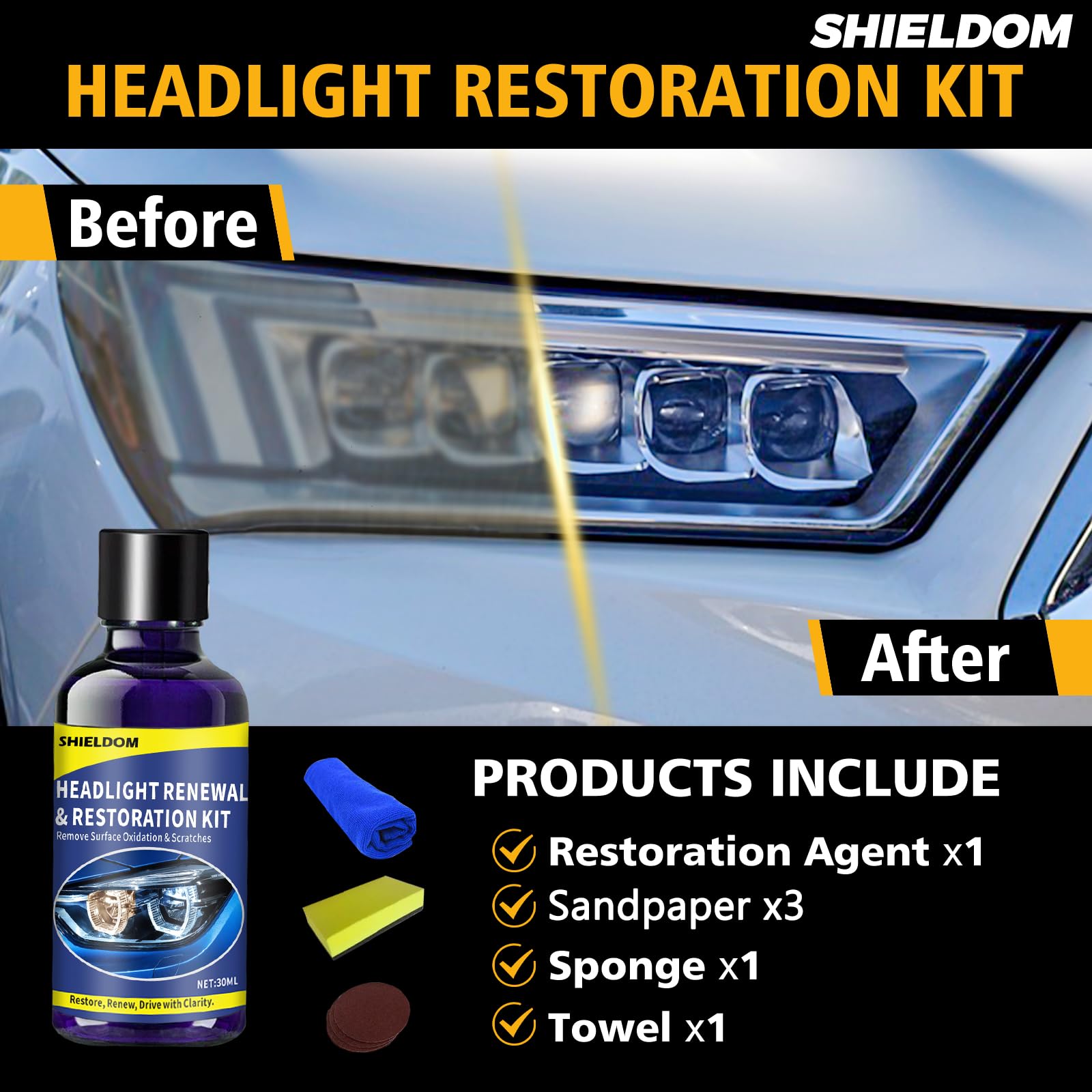 SHIELDOM Headlight Restoration Kit - Professional Cleaner & Polisher, 30ml, Includes 3 Sandpapers, Foam, Towel for DIY Repair