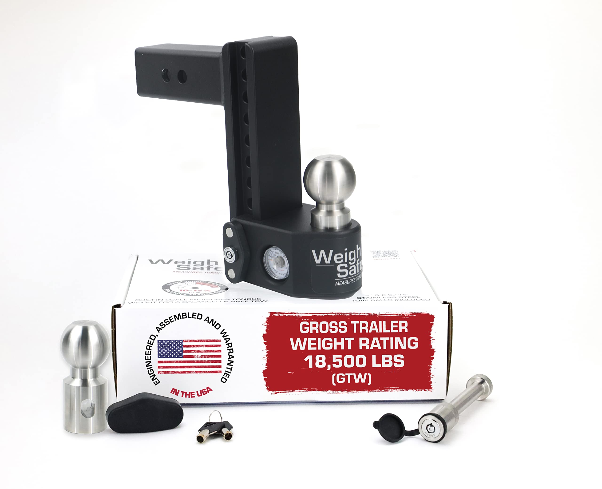 Weigh Safe Adjustable Trailer Hitch Ball Mount - 8' Drop Hitch For 2.5' Receiver W/ 2 Pc Keyed Alike Lock Set, Premium Steel Trailer Tow Hitch W/Built In Weight Scale For Anti Sway, 22,000 Lbs Gtw