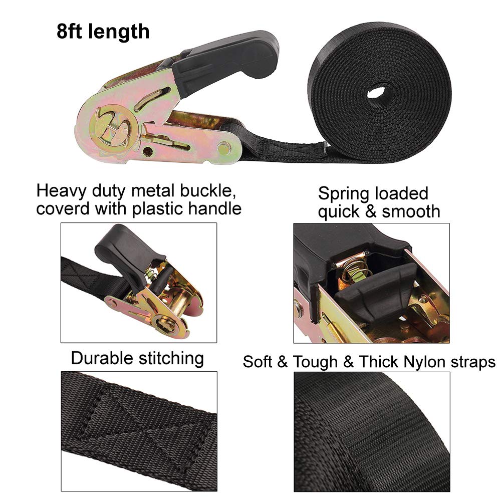 Endless Ratchet Tie Down Straps Heavy Duty Cargo Tie Downs, Durable Nylon Black Strap Down Ratcheting Securing Straps, Track Spring Fittings, Tie-Down Motorcycles, Trailer Loads, Kayak (8Ft - 4Pack)