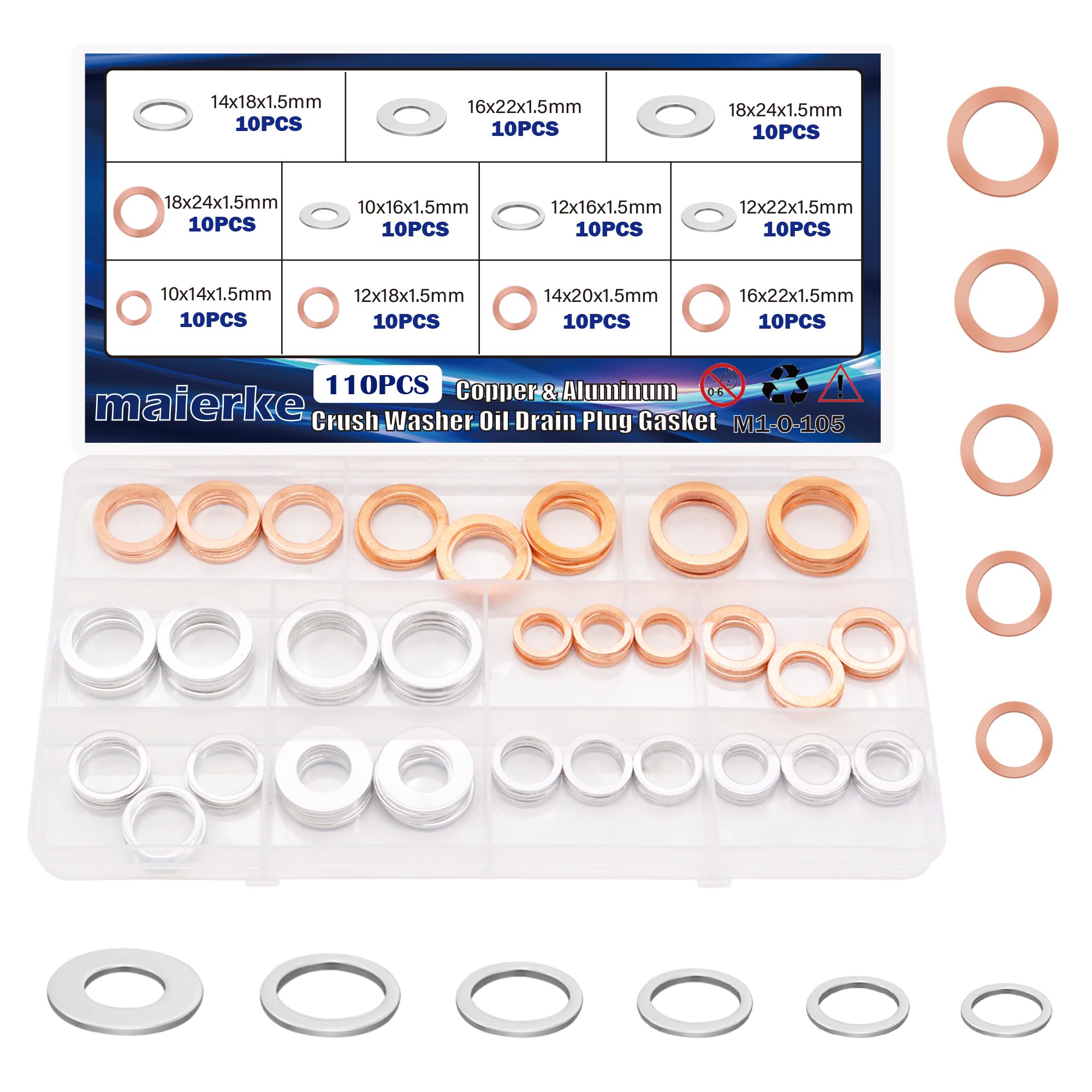 maierke 110PCS Crush Washer Oil Drain Plug Gasket Assortment,50PCS 5 Sizes Copper and 60PCS 6 Sizes Aluminum Oil Plug Washers Au