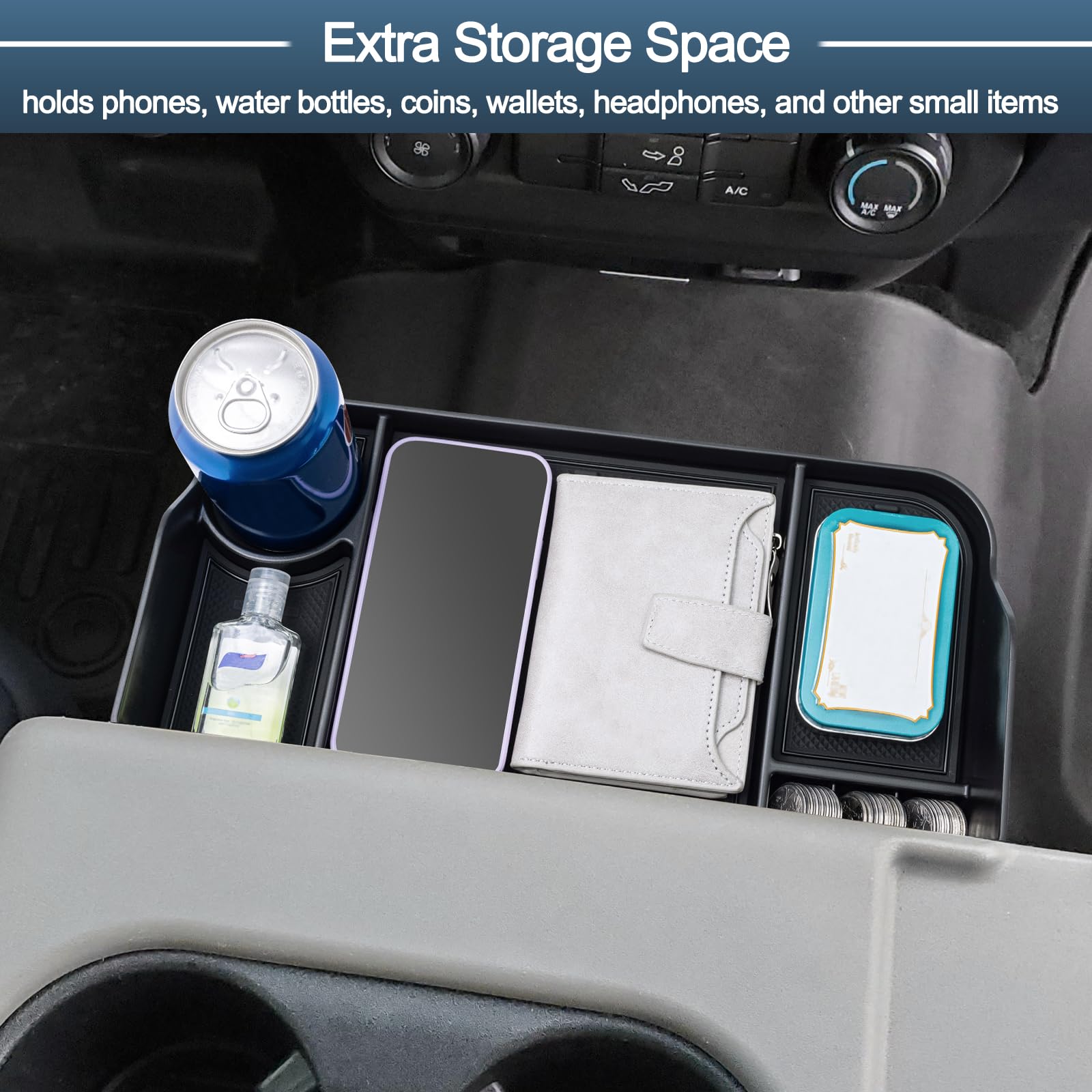 JDMCAR Front Center Seat Headrest Organizer for 2011-2025 Ford F150 F250 F350, ABS Plastic, Coin Storage Box with Non-Slip Mat