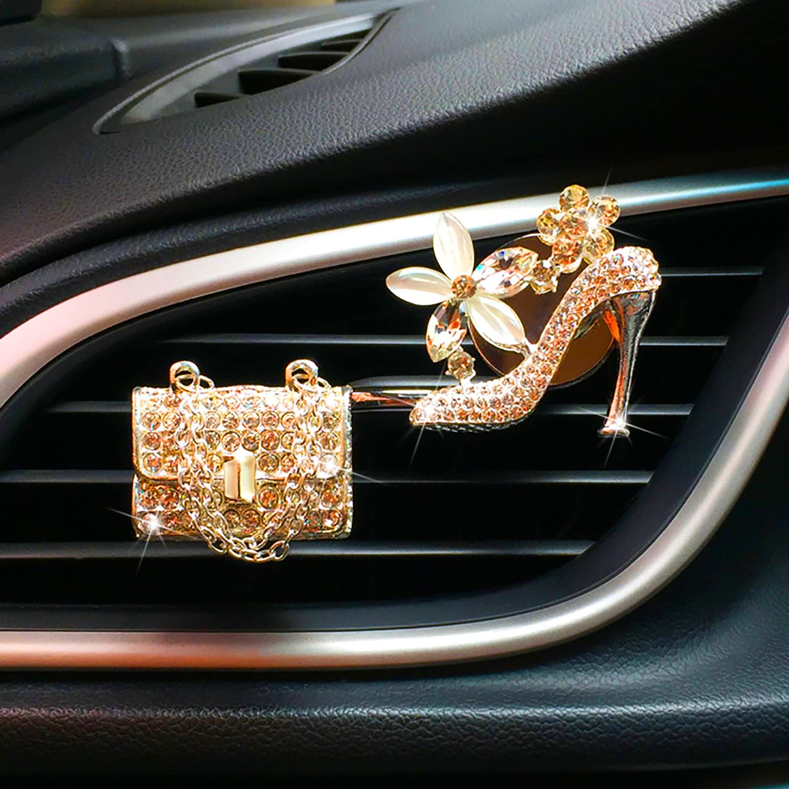 2 Pieces Crystal High Heel Shoe And Bag Air Vent Clips Rhinestone Car Air Freshener Clip Bling Car Clip Gift Decorations Charm C