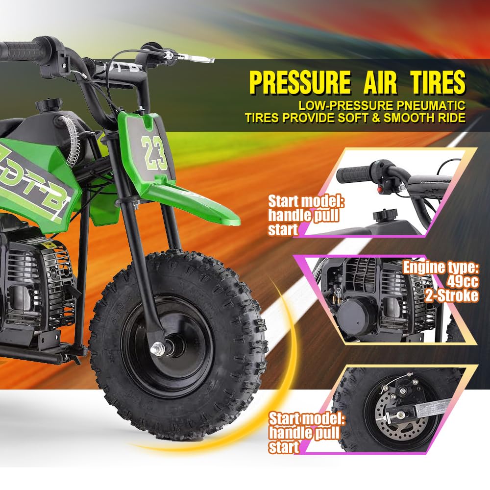 Mini Kid Dirt Bike, 49 CC 2-Stroke Gas Bike with Off-Rode Tire, Suspensions, Disc Brakes, Max Load 160Lbs, Up to 20Mph, EPA Appr
