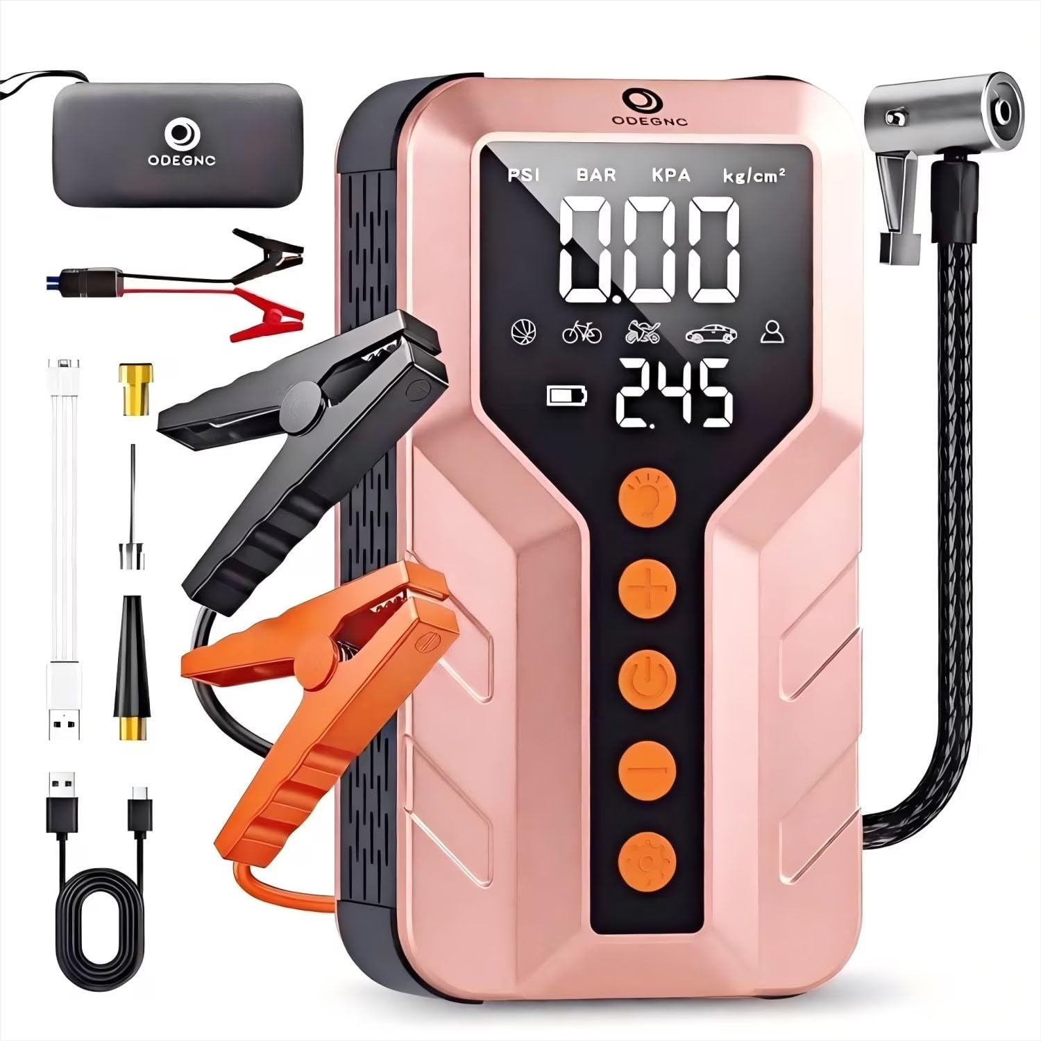 ODEGNC Jump Starter with Air Compressor for All-Terrain Vehicles, Light Pink, Lithium Ion, 12 Volts, 6000 Amps