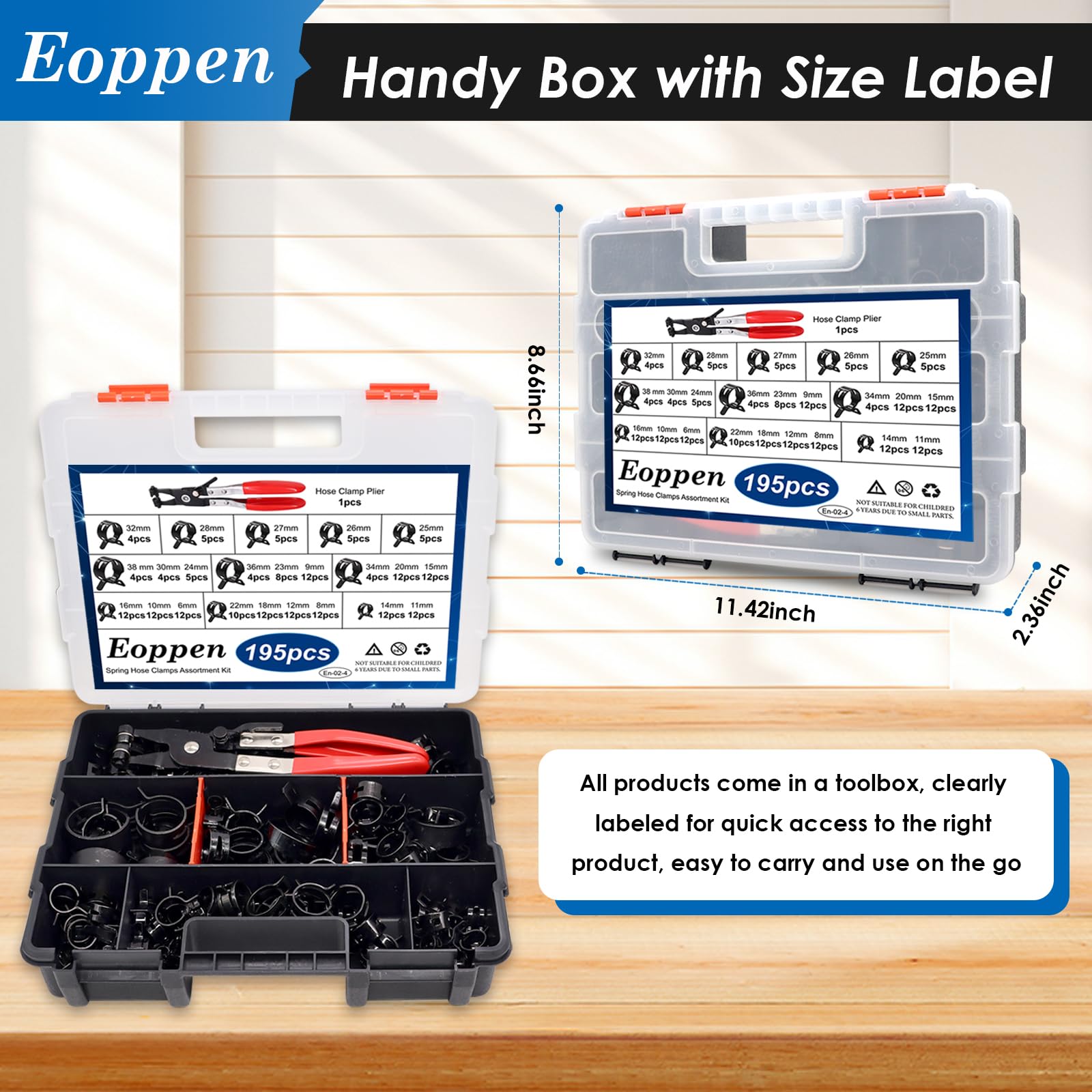 Eoppen Spring Hose Clamps Assortment Kit - 195Pcs, 23 Sizes, Swivel Flat Band, Low Pressure, Black, Model En-02-4+C-014
