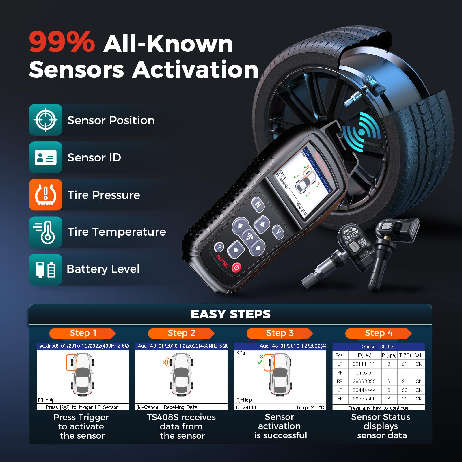 Autel TPMS Relearn Tool MaxiTPMS TS408S, TPMS Reset, Sensor Activation, Program MX-Sensor, Tire Pressure Monitor Sensor Reset To