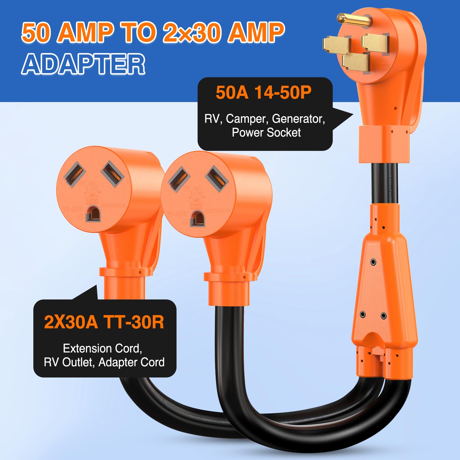 Nilight 50 Amp To 30 Amp Rv Y Splitter Adapter Cord 50A Male Plug To Two 30A Female Outlet Nema 14-50P Tt-30R Pure Copper Stw 10