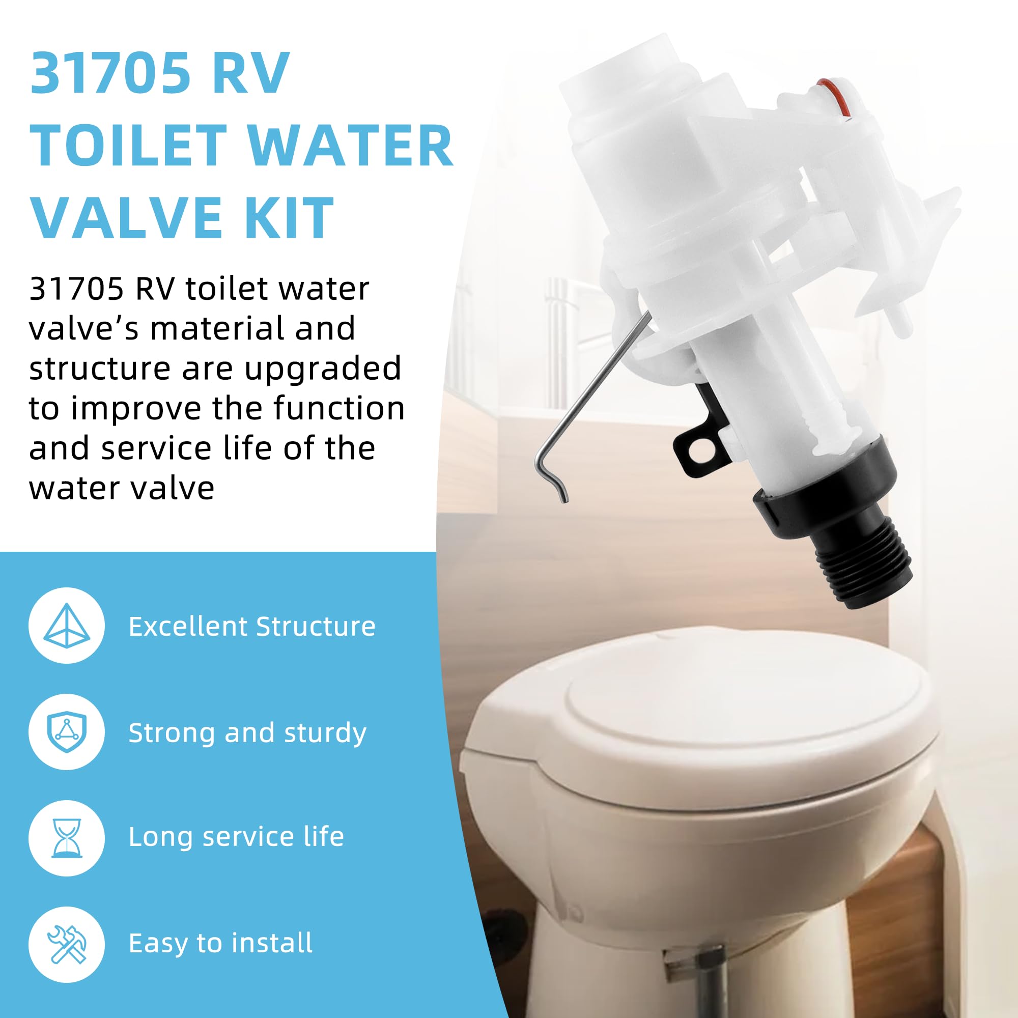 Fetechmate RV Toilet Water Valve Kit, Freeze-resistant & Leak-resistant, 1.5" ABS, Compatible with Thetford Aqua-Magic V, White