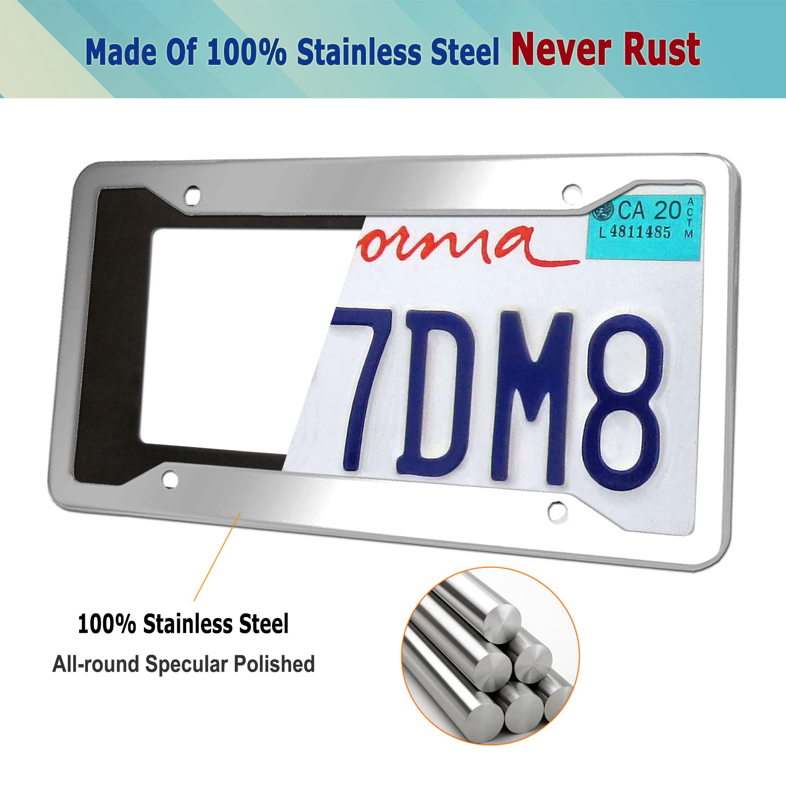YoUoY Stainless Steel License Plate Frame - 2 Pack, Chrome Caps, Heavy Duty, Rustproof Car Tag Cover