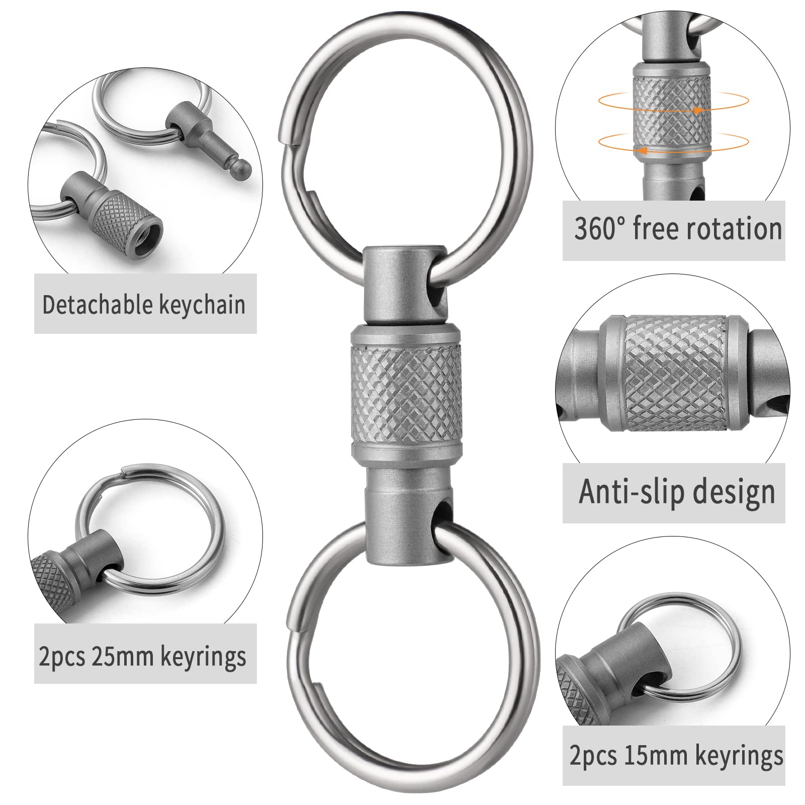 FEGVE Titanium Quick Release Swivel Keychain - Heavy Duty Detachable Car Key Holder with 4 Stainless Steel Rings - Silver
