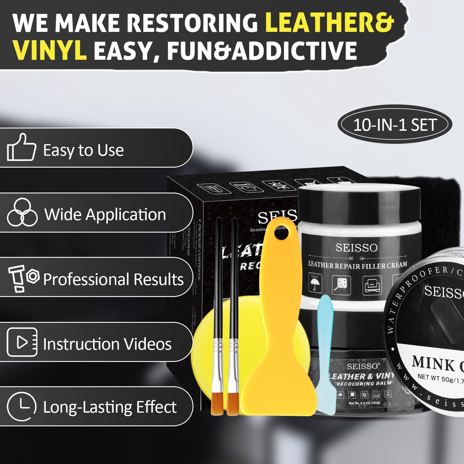 SEISSO Leather Repair Kit for Furniture, Black Vinyl Repair Kit with Mink Oil, Car Interior Leather Recoloring Balm for Scratche