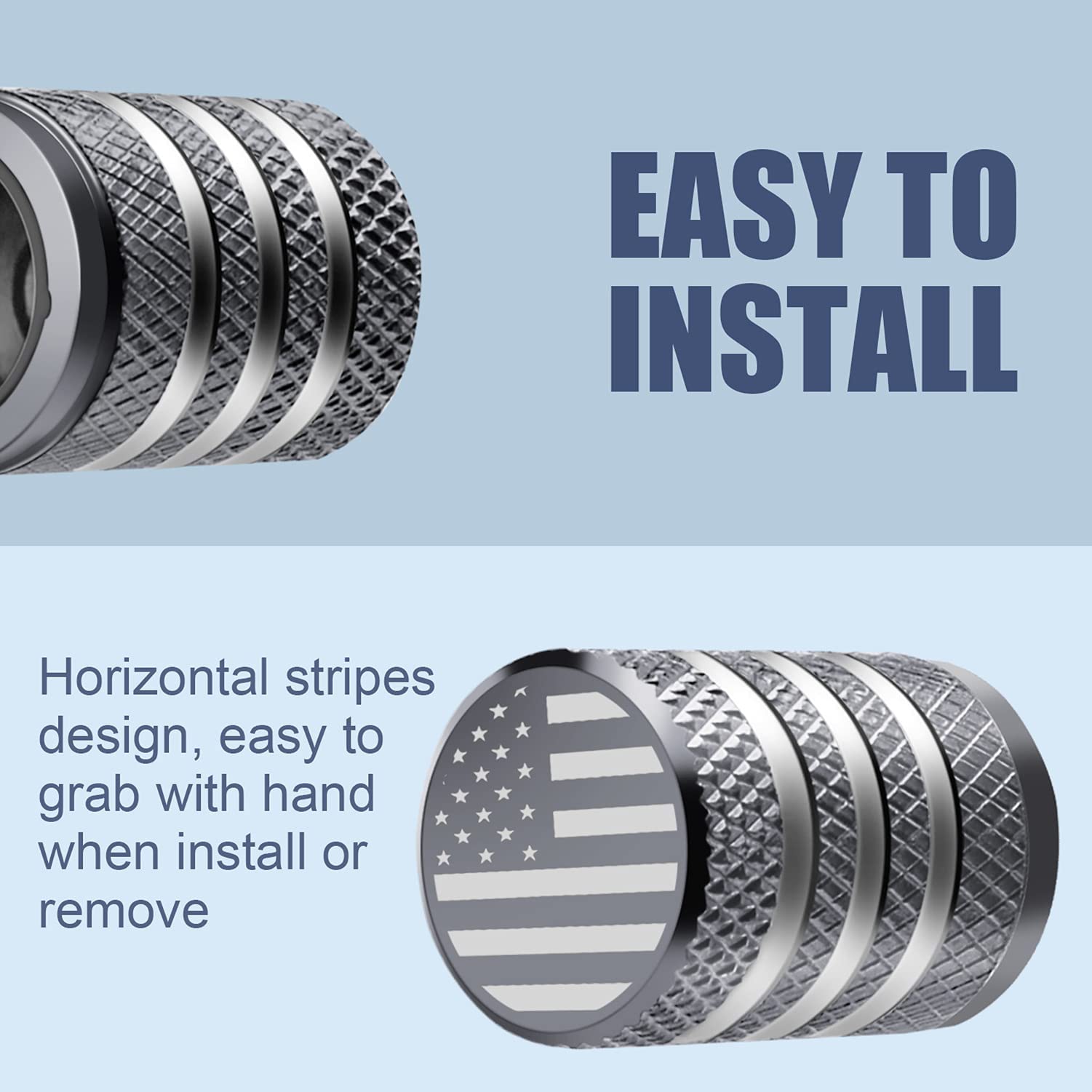DECURCAR Tire Valve Stem Cap Cover - 5 Pack Metal with Plastic Liner, Corrosion Resistant, Leak-Proof, American Flag, Grey