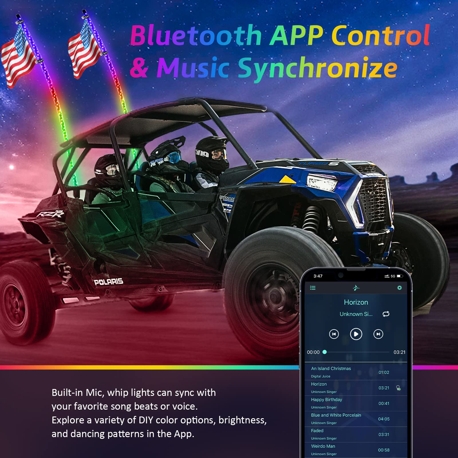 Ehaho 1 Pack 4Ft Whip Lights,Led Whip Light With App & Remote Control, Spiral Rgb Chasing Lighted Whips With Rocker Switch, Musi
