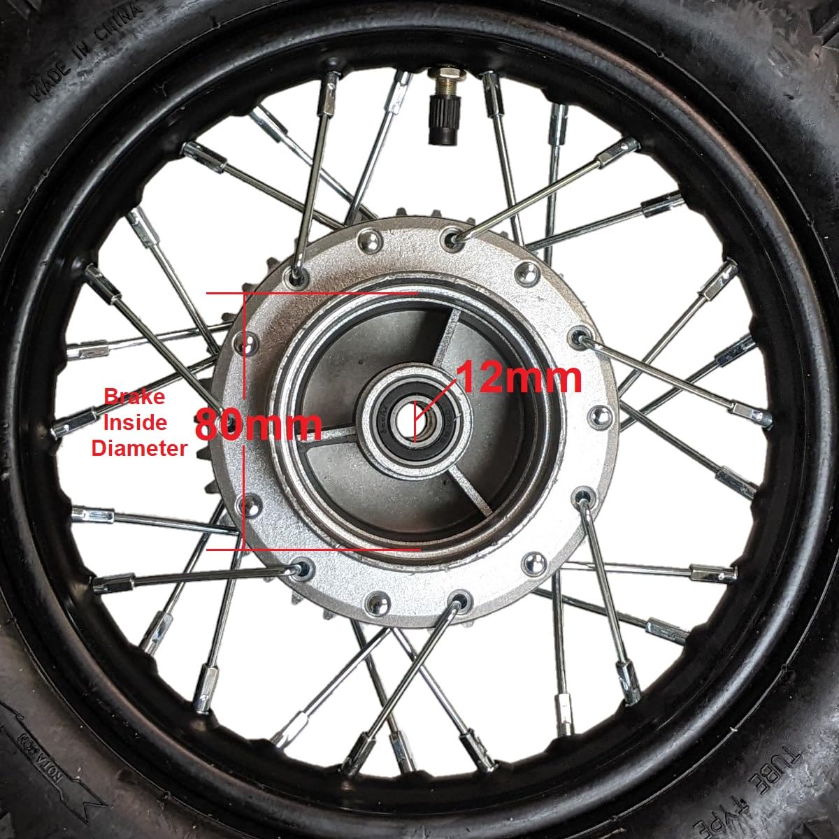 RedCap 10" Rear Wheel Rim Tire Assembly - 3.00-10, Black, Stainless Steel, 12mm Bearing for 50cc-110cc Dirt Pit Bikes