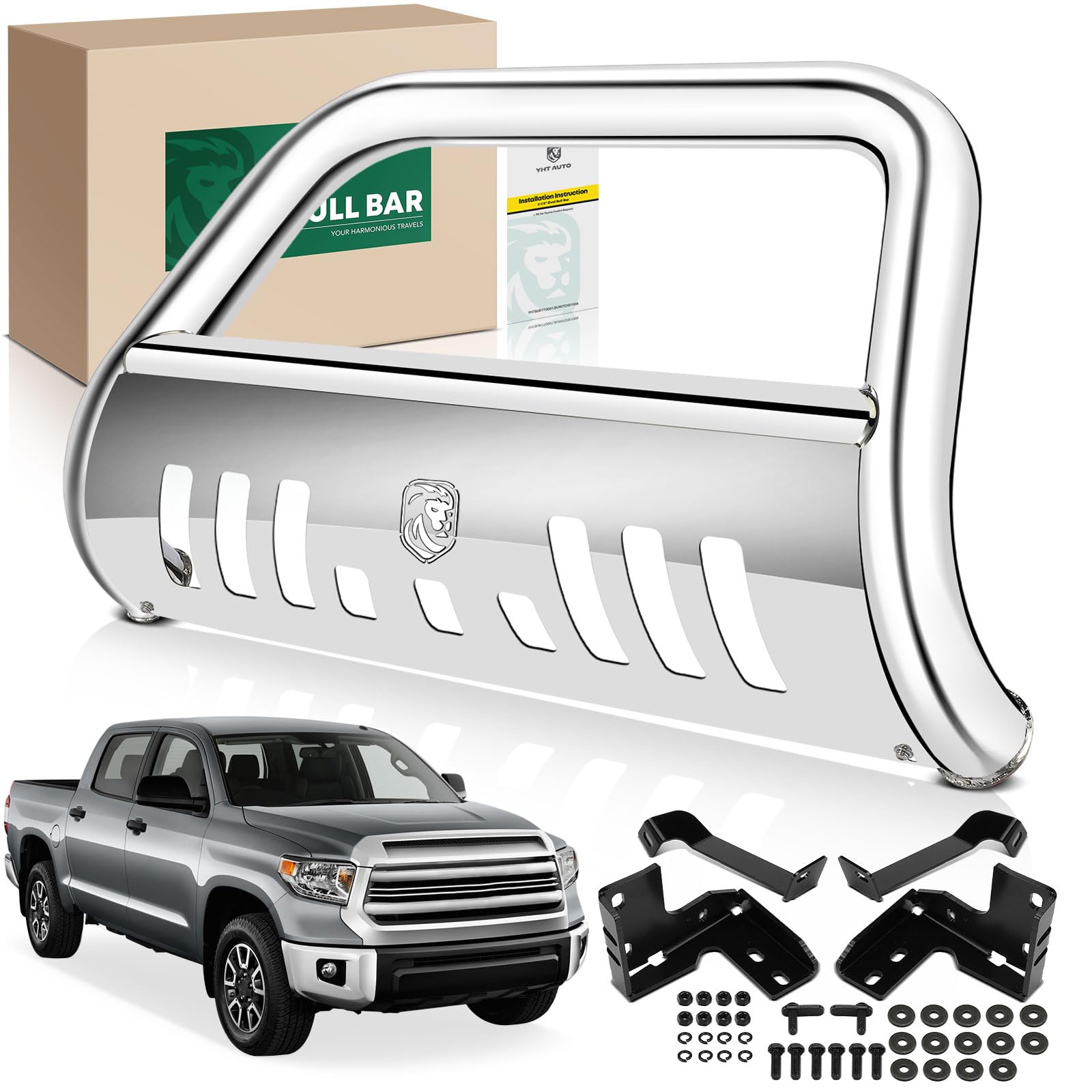 YHTAUTO 3 Bull Bar Push Bar with Skid Plate Light Mount Fit Toyota Tundra 2022-2025, S/S 304 Brush Guard for Truck Front Bumper 