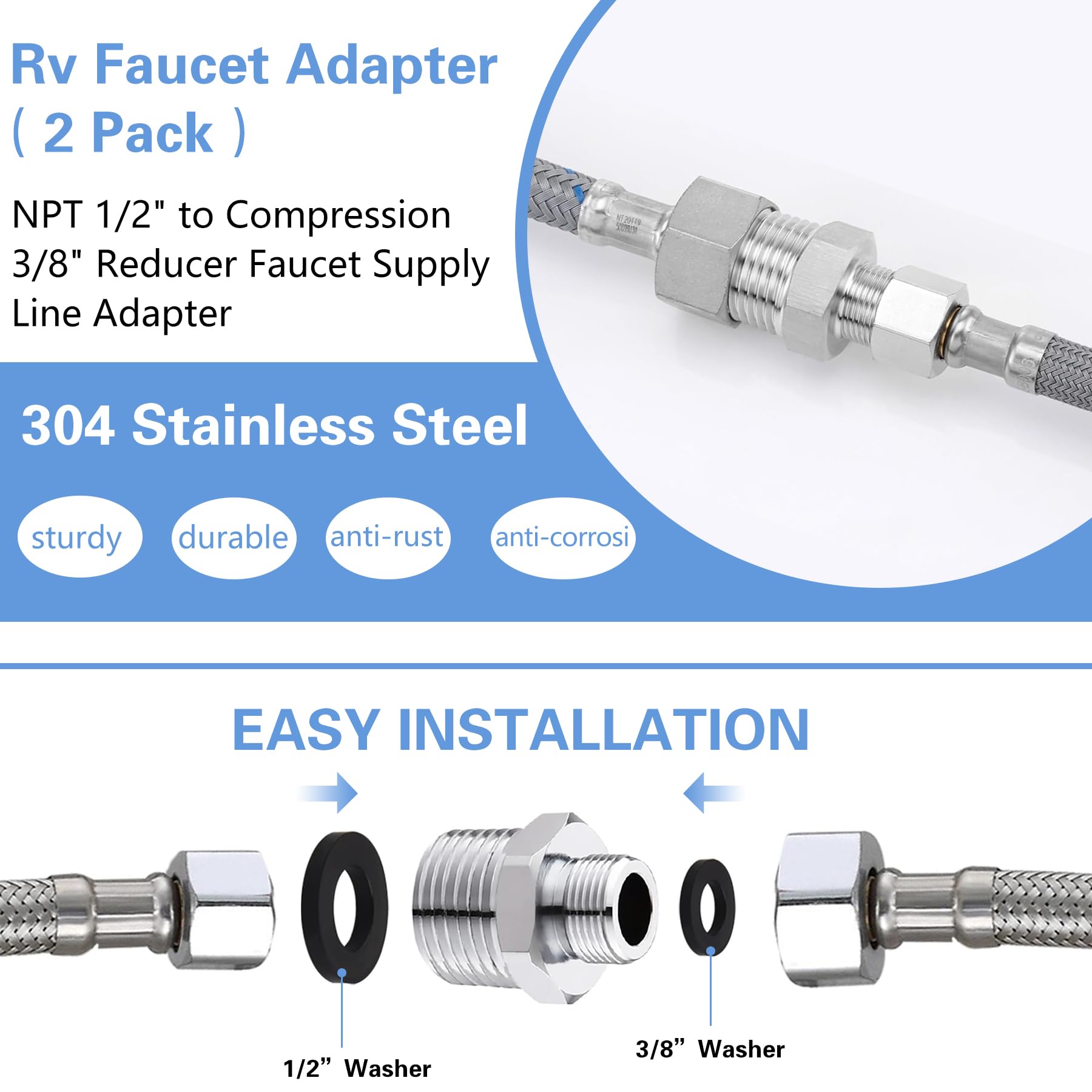 Carvedexquisitely RV Faucet Adapter, Stainless Steel 304, NPT 1/2" to Compression 3/8", 2 Pack, Model 1238rfa