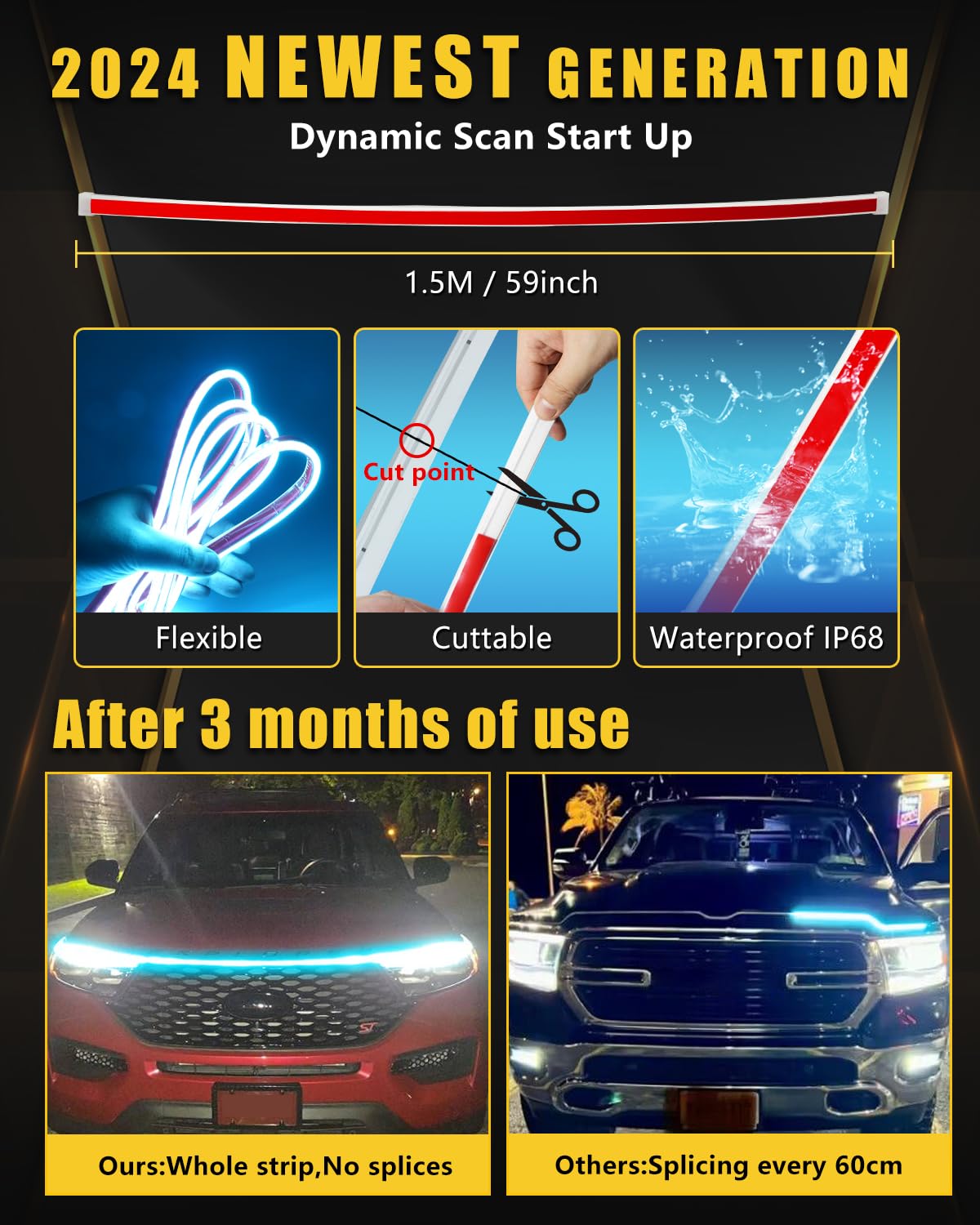 Dynamic Scan Start Up Hood Light Strip Sequential Flowing Turn Signal Lights Flexible Car Led Light Strip Exterior Drl Daytime R
