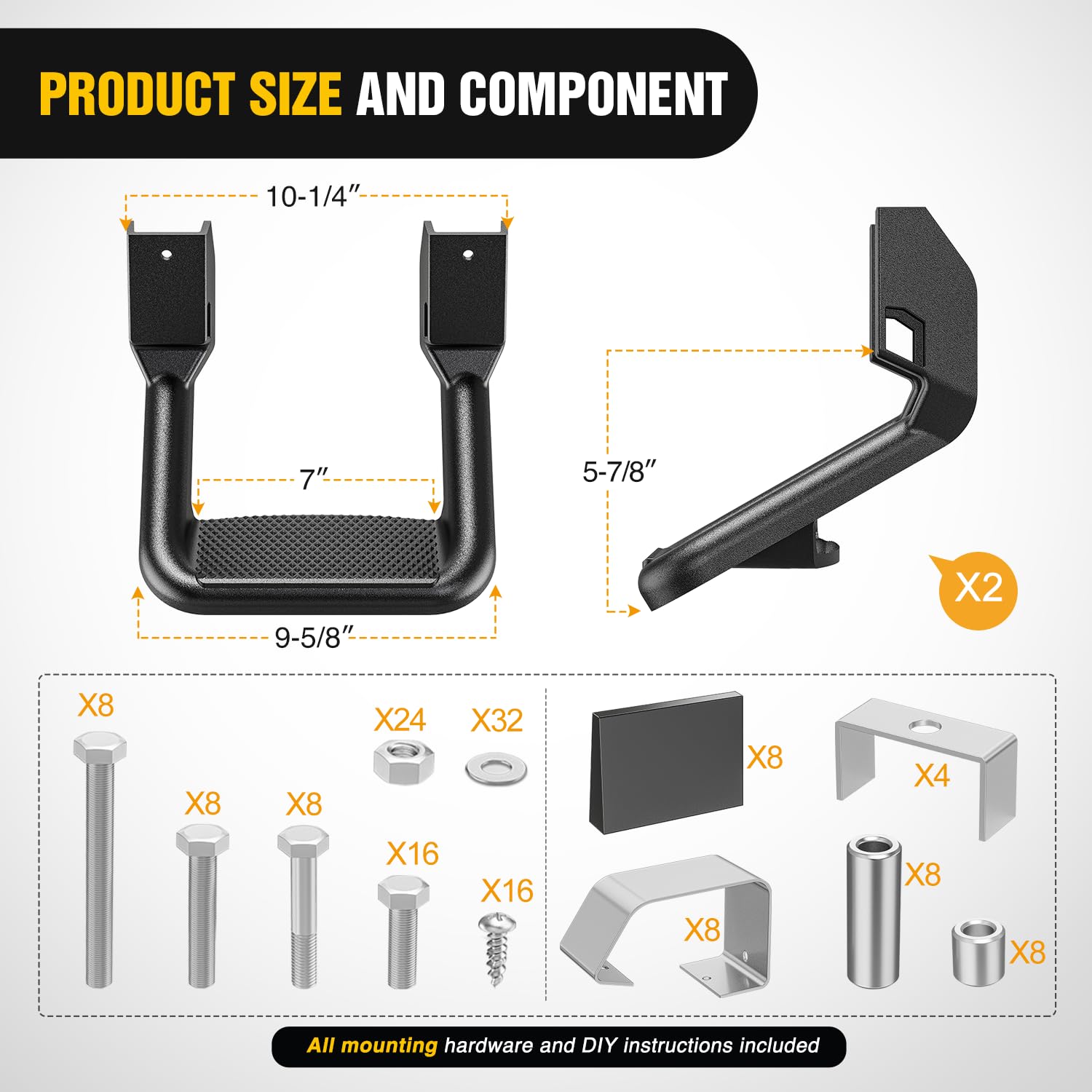 Nilight Universal Side Step Nerf Bars - Aluminum, Slip-Proof, Black, 4 Pcs for Chevy, Ford, Toyota, GMC, Dodge RAM - Model 91121A