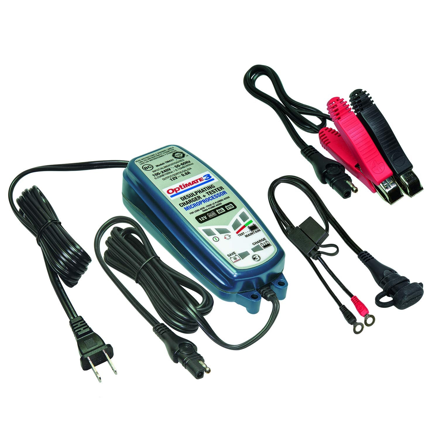 Tecmate Optimate 3 12V 0.8A Battery Charger & Maintainer, TM-431, Multicolor