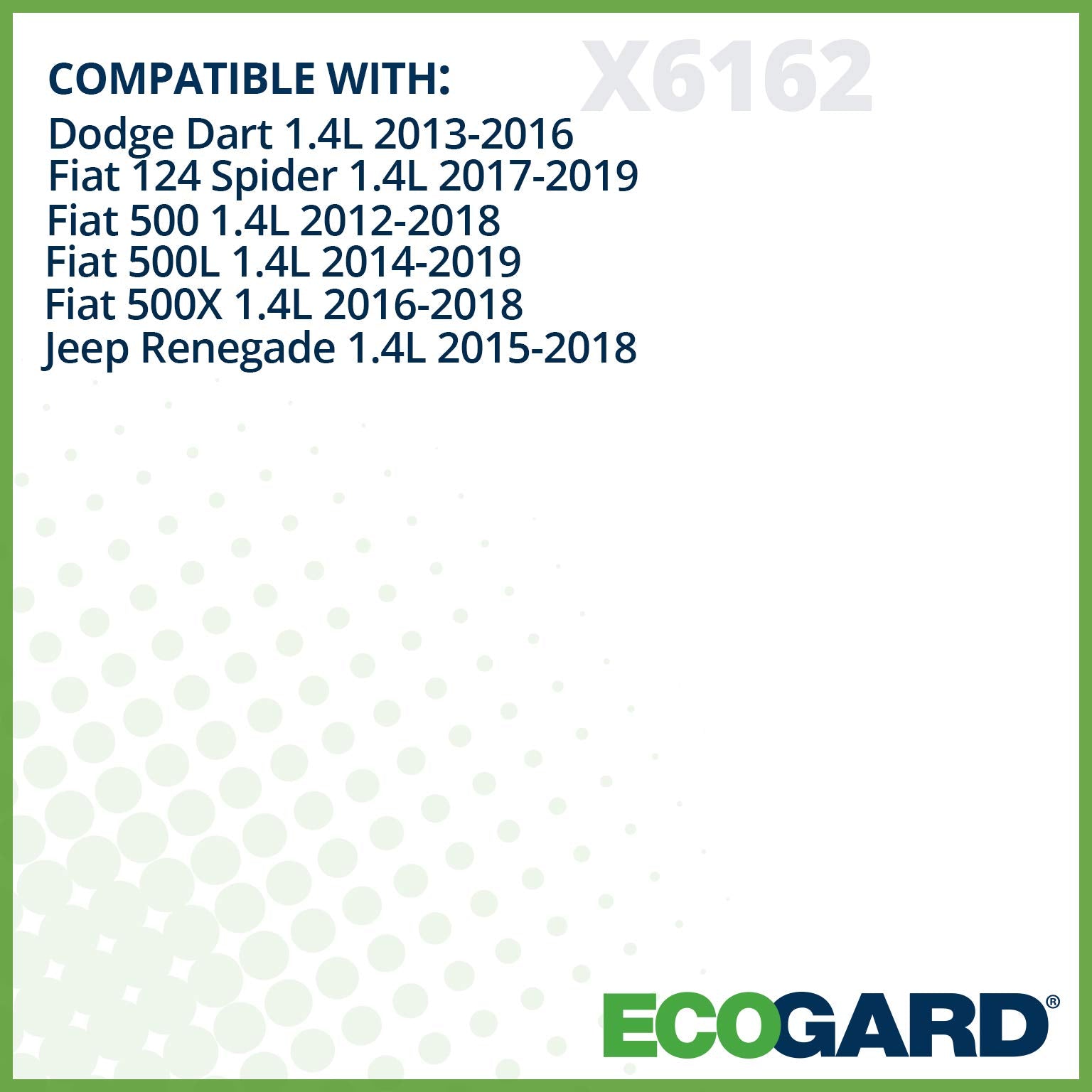 Ecogard X6162 Premium Cartridge Engine Oil Filter For Conventional Oil Fits Fiat 500 1.4L 2012-2019, 500L 1.4L 2014-2020, 124 Sp