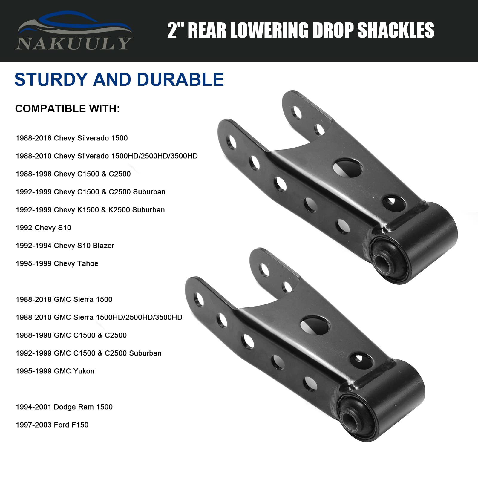 Nakuuly 2" Rear Drop Lowering Shackle Suspension Kit 6400 for Chevy Silverado, GMC Sierra, Dodge Ram - Alloy Steel, Compatible with Models 1500, C1500,