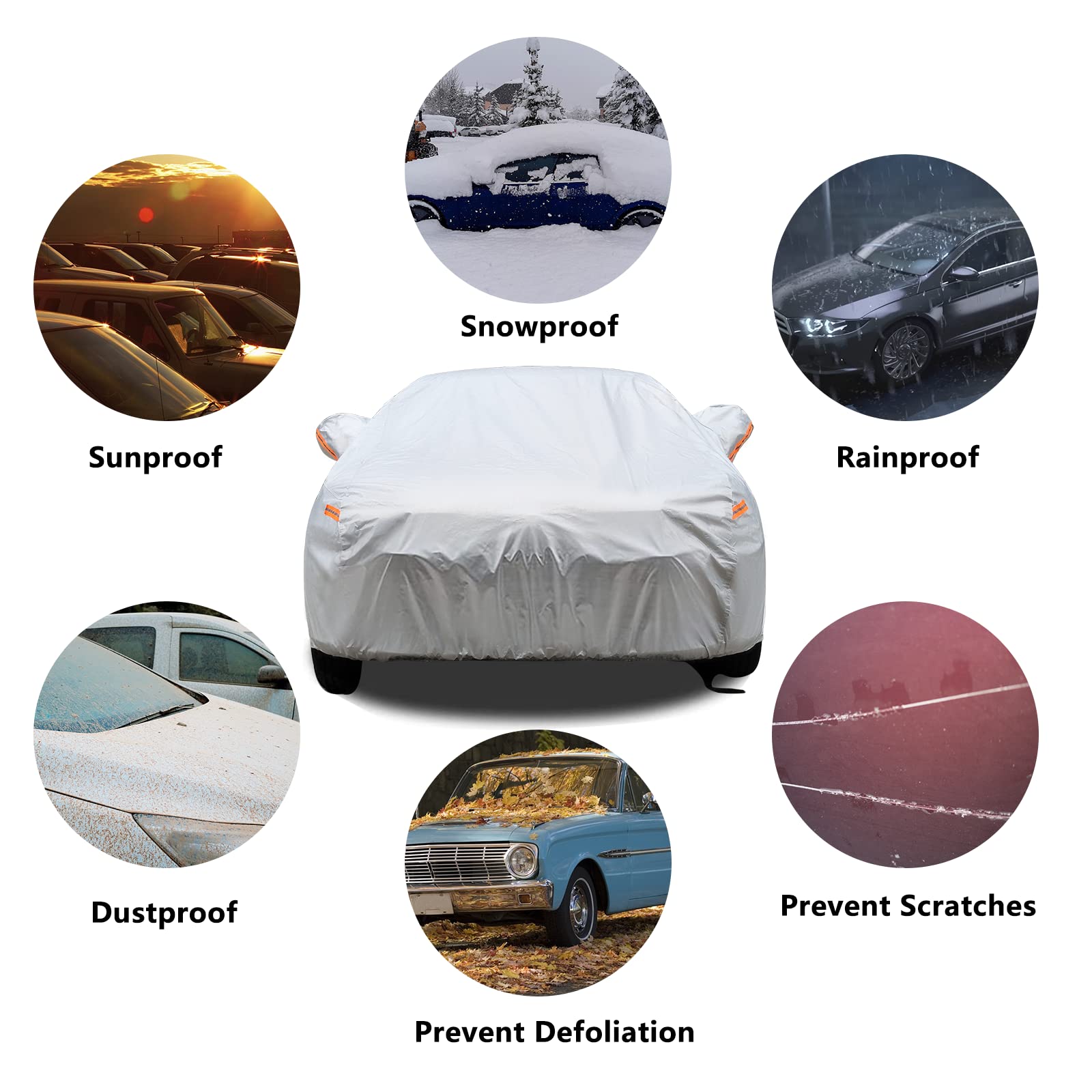 Seazen Car Cover 6 Layers, Waterproof Sedan Car Cover With Zipper Door, Snowproof/Uv Protection/Windproof, Universal Car Covers Breathable Fabric With Cotton (185 To 200)
