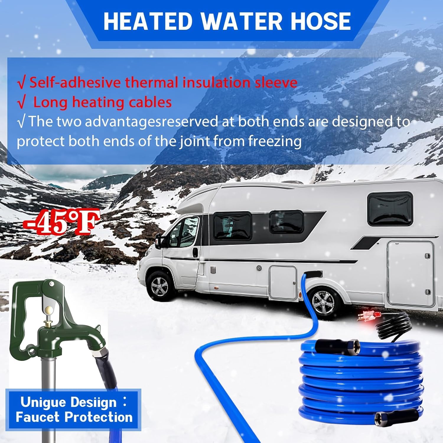 REHOSEUP 50FT Heated Water Hose for RV, -45? Freeze-Proof Drinking Safe Pipe, Electric Warm Outdoor Supply for Garden & Camping,