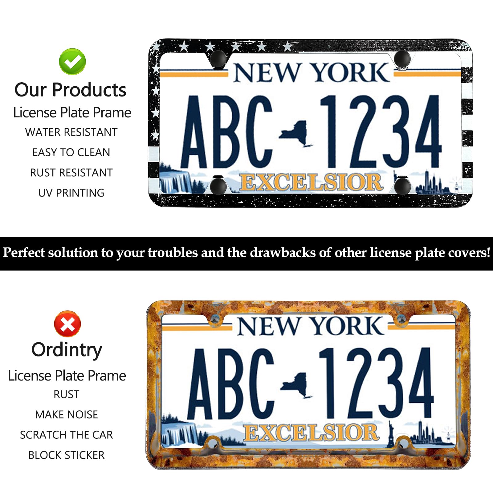 Black American Flag License Plate Frame - 2 Pack Stainless Steel Vintage Patriotic USA Flag License Plate Holder Cover Rust-Proo