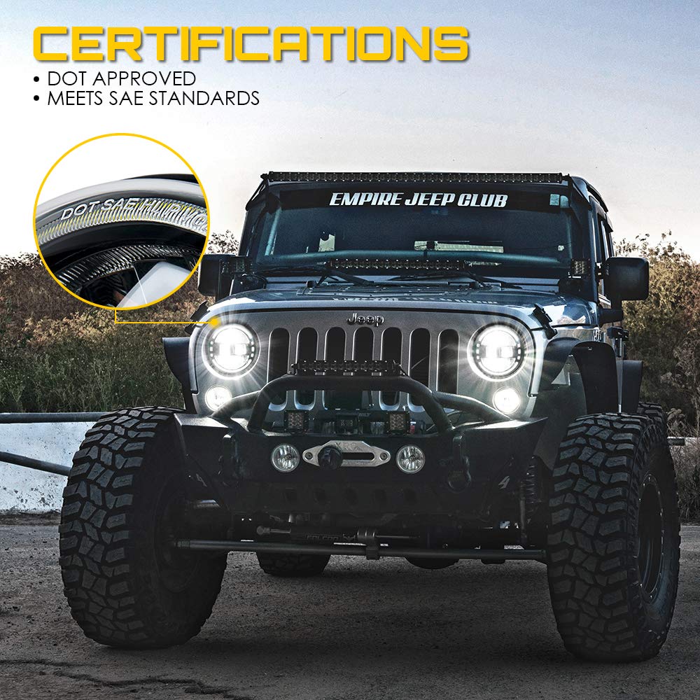Xprite 7" LED Round Headlights for 1997-2018 Jeep Wrangler JK, Halo Ring, DOT Approved, Black, Plug & Play