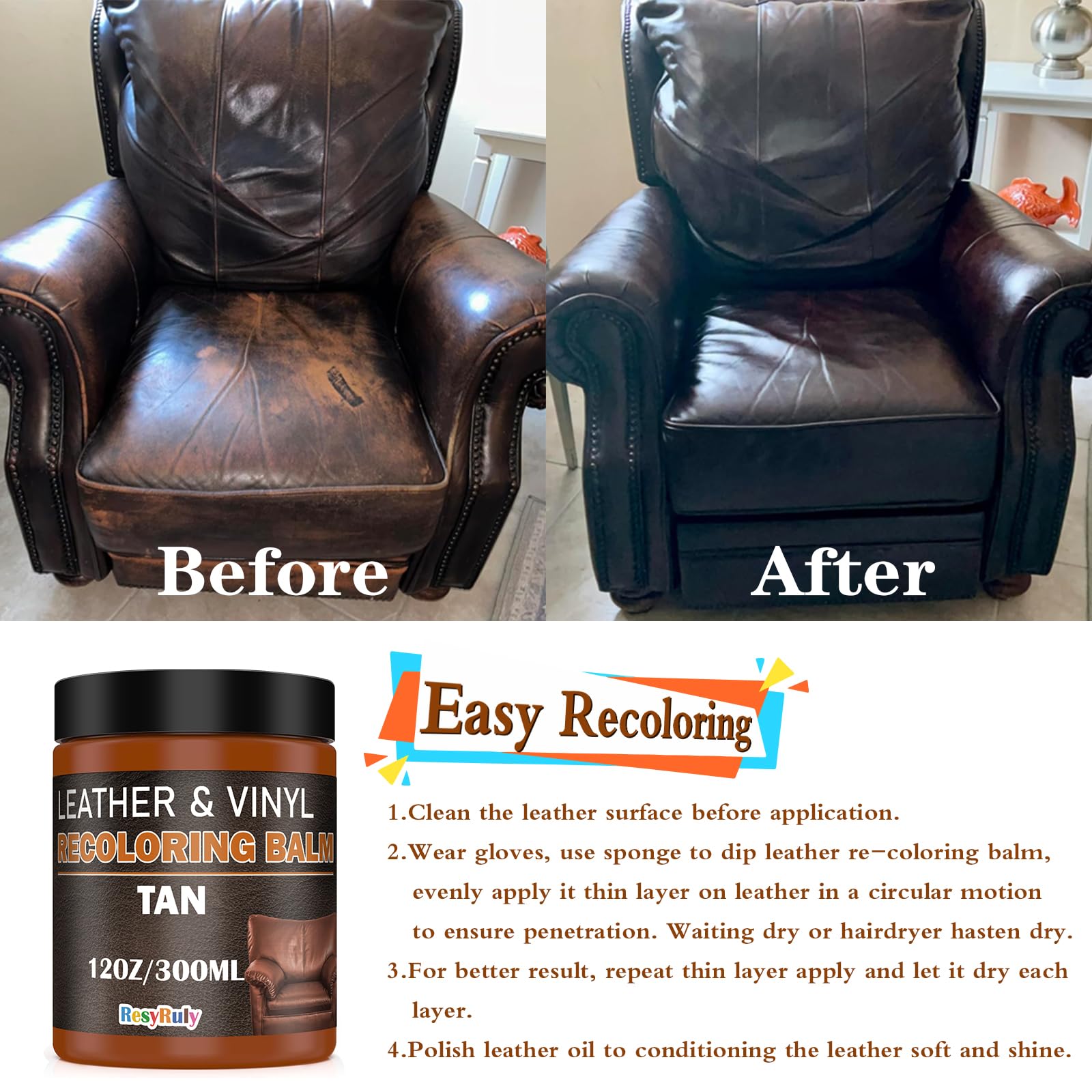 Resyruly Saddle Tan Leather Dye Kit - Light Brown Polymer Paint for Car Seats, Furniture, Shoes, and Accessories