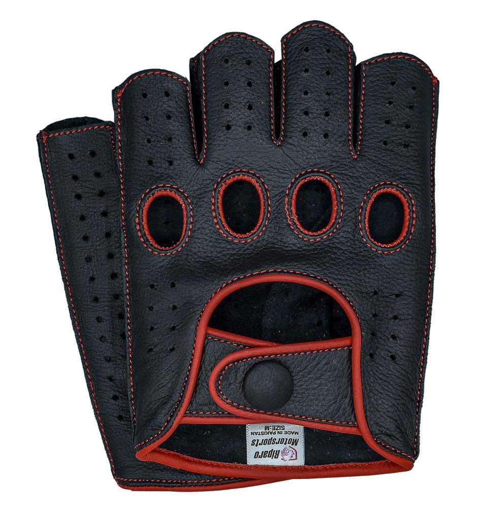 Riparo Men's Leather Half-Finger Motorcycle Driving Gloves, X-Large, Black/Red