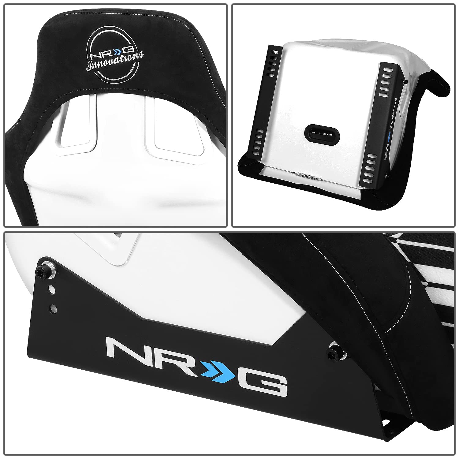 Nrg Innovations Nrg-Frp-302-Yaba Fiber Glass Black/White Yaba Design Fixed Back Bucket Racing Seat W/Side Mount Bracket