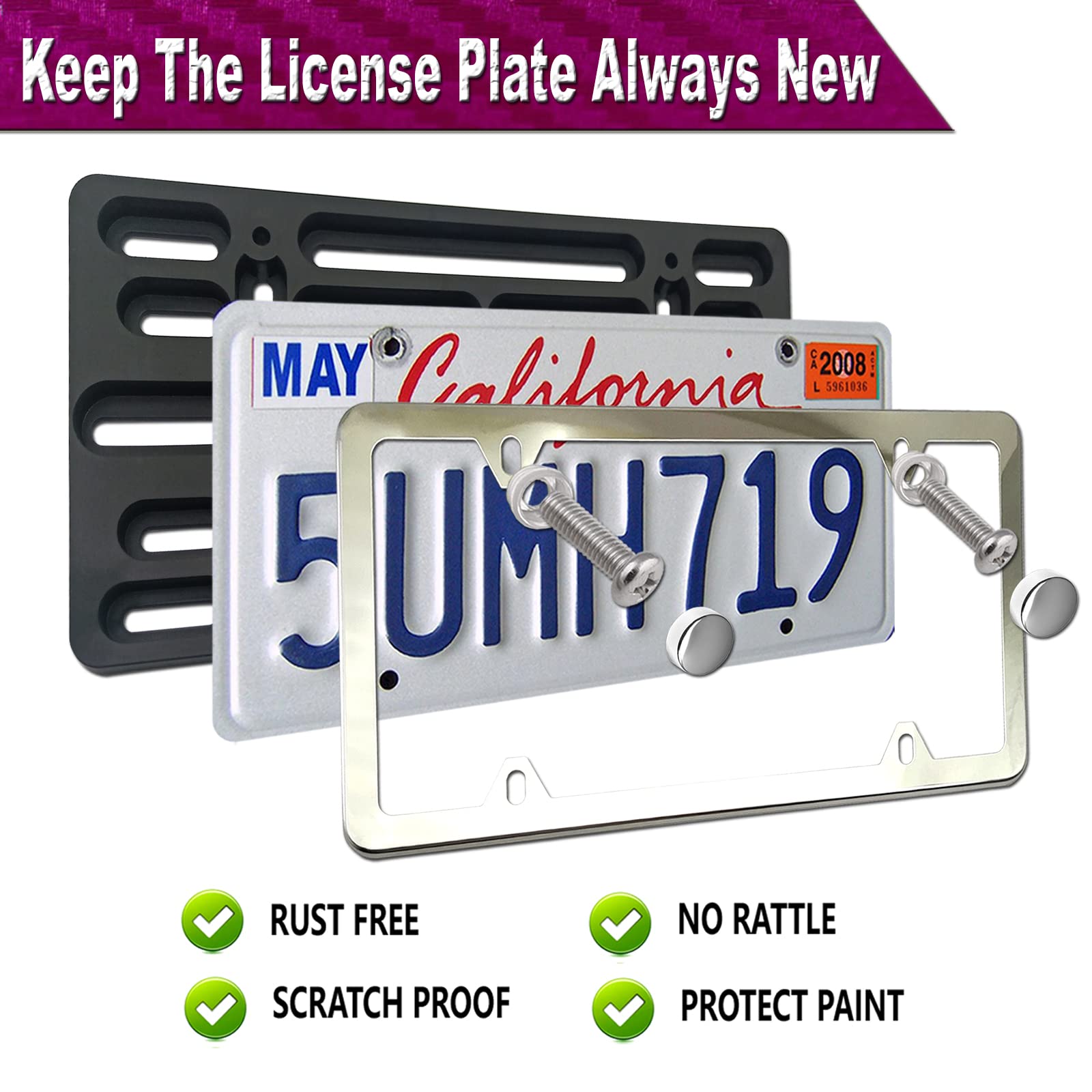 Zxfoog Front License Plate Mounting Kit- Front Bumper License Plate Bracket & Stainless Steel Car Tag Frame, Universal No Drilling Hole Adapter For Car/Truck/Trailer, With Screws Cap, Rattle Proof Pad