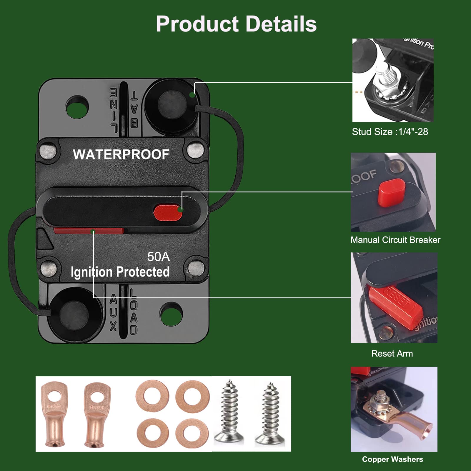 Tiwerlfe 50 Amp Circuit Breaker With Manual Reset Switch For Boat Trolling Motor Marine Atv Solar System Stereo Audio Trailer Ve