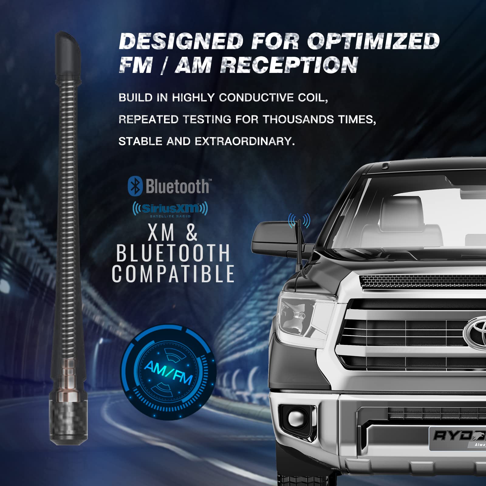 Rydonair Short Antenna for Toyota Tundra & Tacoma, 7" Rubber, Black, RD-RMSRTB, Enhanced Reception, Car Wash Proof